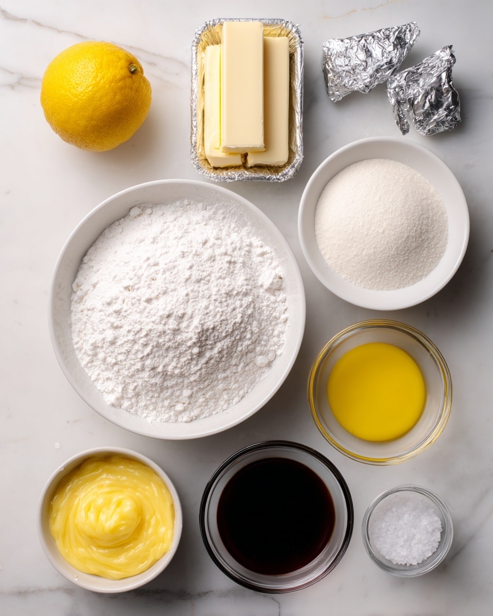 The image shows a white marbled surface with several ingredients arranged neatly. On the top left is a whole bright yellow lemon, next to it on the right are two long sticks of pale yellow butter, partially wrapped in paper. Below the lemon is a clear glass bowl filled with fine white powdered sugar. To the right of that is a small clear glass bowl containing a dark brown vanilla liquid. Below powdered sugar is a small clear glass bowl with white sugar. Next to that is a larger clear bowl filled with white flour. To the right of the flour is a small clear bowl with thick, bright yellow lemon curd. Finally, there is a small empty clear bowl. All ingredients are spaced evenly on the white marbled surface. Photo taken with an iphone --ar 4:5 --v 7