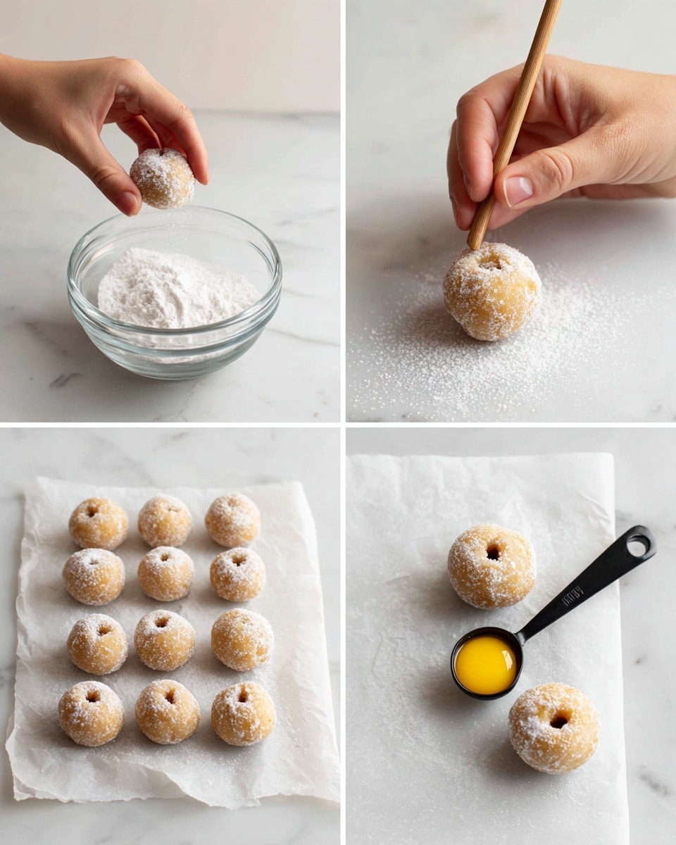 The image shows four steps of making small round dough balls with a hole in the middle, set on white parchment paper over a white marbled surface. The top left part shows a woman's hand dipping a dough ball into white granulated sugar in a clear glass bowl. The top right part has a wooden stick pressing into the center of the dough ball to make a hole. The bottom left section displays many dough balls lined up on the parchment with small holes in their centers. The bottom right part shows a black measuring spoon holding yellow egg yolk, poised above one of the dough rings, ready to fill the center. Photo taken with an iphone --ar 4:5 --v 7