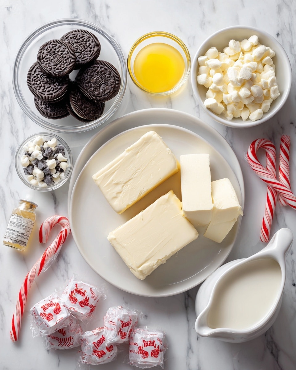 The image shows a collection of ingredients arranged on a white marbled surface, each in clear glass bowls or on white plates. There is a large white plate in the center with two thick blocks of cream cheese that have a smooth, slightly creamy texture. To its right, a clear round bowl is filled with small white chocolate chips, smooth and shiny. Below that, a small clear bottle of peppermint extract is placed next to a clear bowl filled with bright yellow melted butter, which looks smooth and glossy. At the bottom left, a clear bowl holds a stack of whole Oreo cookies, dark brown with their cream filling visible in some. Nearby, a clear gravy boat contains creamy, thick heavy cream, which looks smooth and white. Wrapped Andes peppermint candies with red and white striped packaging are scattered around the edges of the arrangement. Photo taken with an iphone --ar 4:5 --v 7