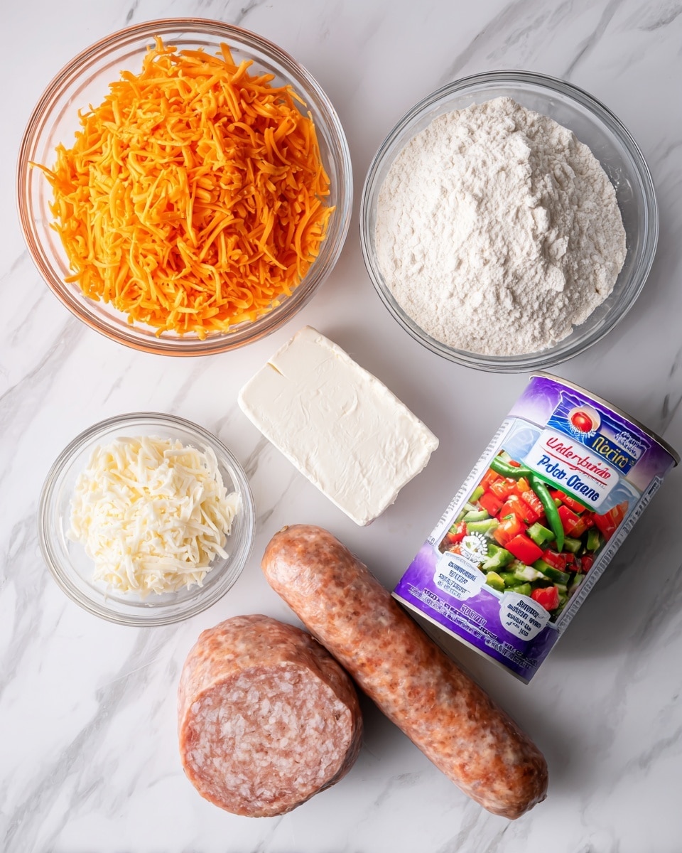 The image shows five cooking ingredients placed on a white marbled surface: a glass bowl filled with bright orange shredded cheese on the top left, a glass bowl filled with white flour on the top right, a can with a colorful label of diced tomatoes and green chilies below the cheese bowl, a partially unwrapped block of soft white cream cheese next to the can, and a sealed roll of mild pork sausage with a purple and blue wrapper on the bottom right. The items are neatly arranged with good lighting, and the photo taken with an iphone --ar 4:5 --v 7