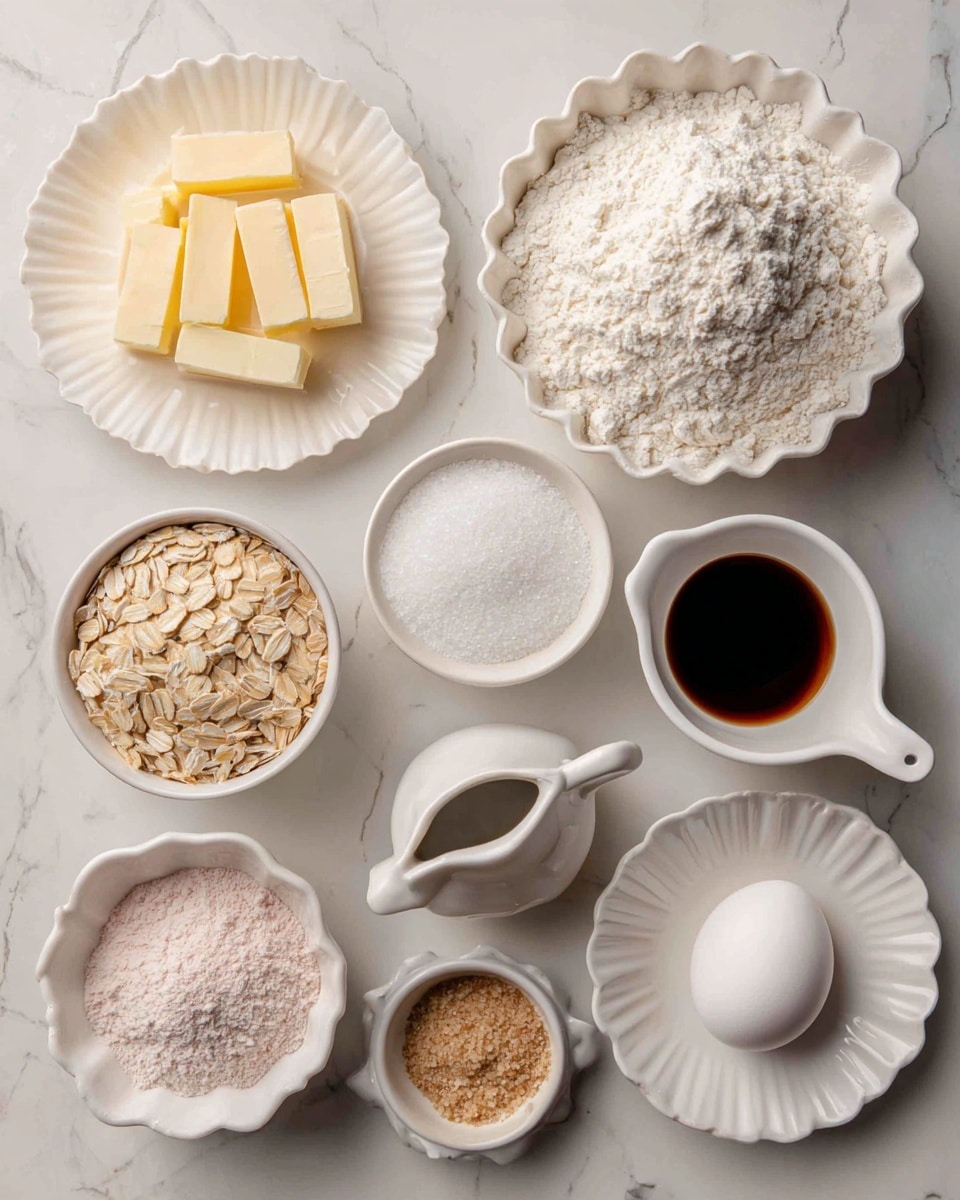 The image shows a neat arrangement of white bowls and plates on a white marbled surface, each holding different baking ingredients. At the top right, a white scalloped bowl is filled with white flour, and a metal measuring ring sits on top. To its left, there is a round white plate with several rectangular pieces of pale yellow butter. Below the flour, a small round white bowl contains granulated white sugar, while to the left, a small pitcher-shaped white bowl holds light beige rolled oats. Below the oats is a white scalloped bowl filled with pink powder, with a measuring spoon resting inside. Near the center is a small white pitcher filled with dark vanilla extract. At the bottom right, a round white bowl contains light brown sugar, and to its right, a white scalloped plate holds a single white egg. The colors of ingredients range from soft yellow, white, and beige to dark brown and pink, all neatly placed and evenly spaced. photo taken with an iphone --ar 4:5 --v 7