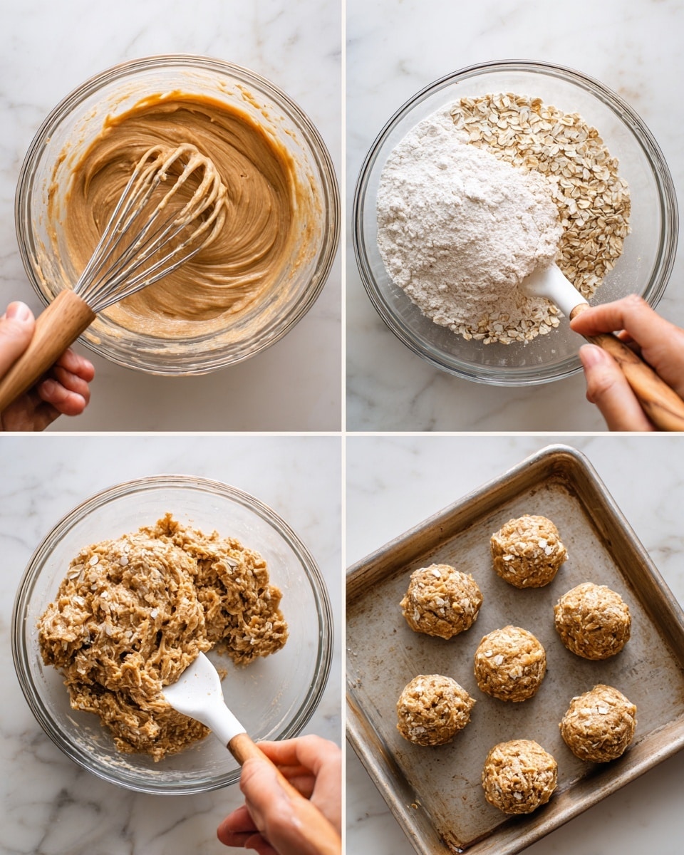 The image shows four steps of making oatmeal cookie dough in a clear glass bowl on a white marbled surface. The first step displays a smooth, light brown batter mixed with a whisk that has a wooden handle partly visible in a woman's hand. In the second step, dry ingredients like white flour and light brown oats sit on top of the batter in the bowl, unblended. The third image shows the creamy, rough-textured dough fully mixed with visible oats, being stirred with a white spatula with a wooden handle. The last part of the image shows many round scoops of the dough with a rough oat texture, arranged closely on a baking tray. photo taken with an iphone --ar 4:5 --v 7