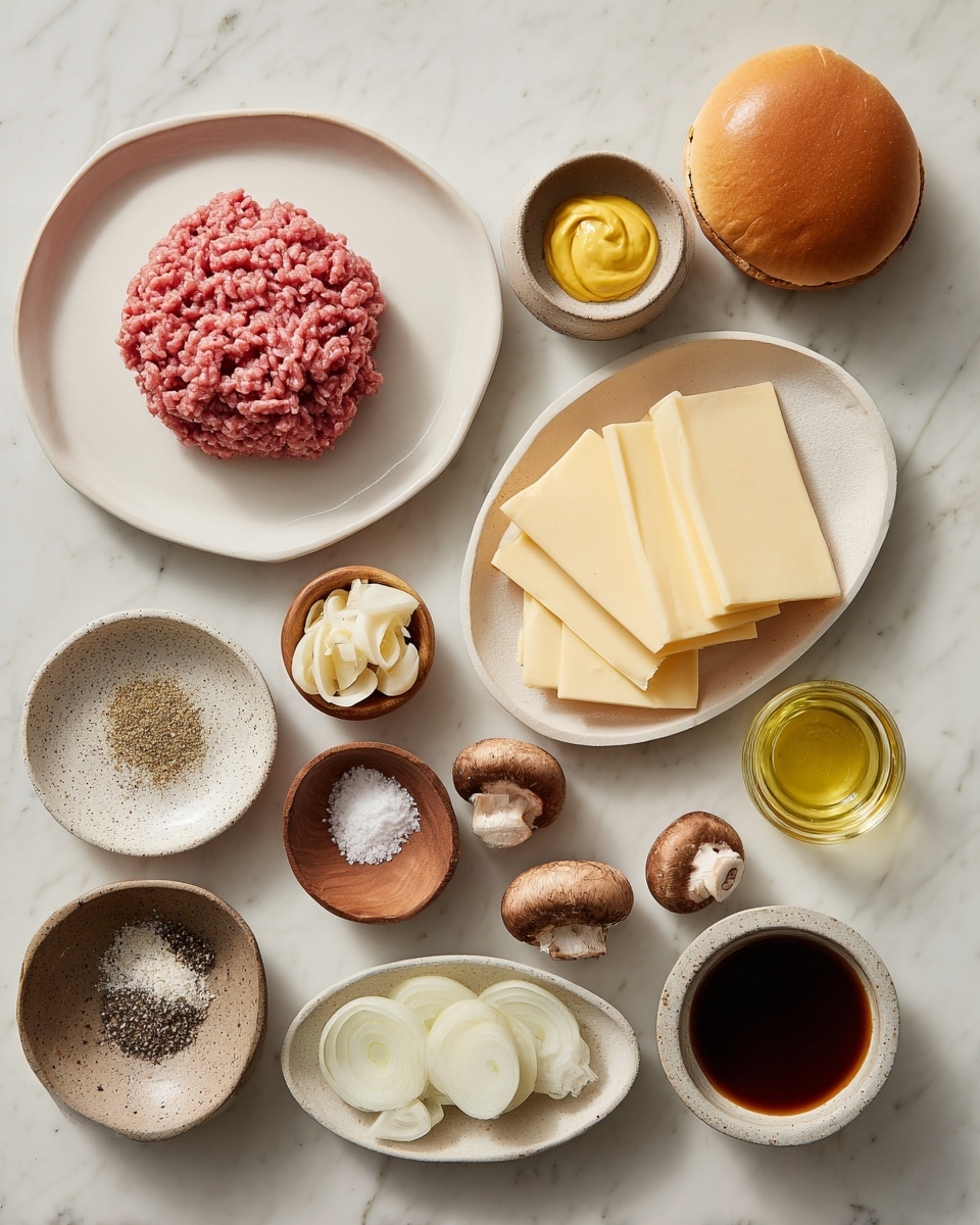 The image shows ingredients arranged on a white marbled surface for making a dish. In the center, raw ground pink meat is placed on a white plate. Above it, there is a white plate with a soft, brown burger bun and another white plate with six thin slices of pale yellow cheese stacked. Surrounding these are small bowls: a scalloped beige bowl with yellow mustard, a small wooden bowl with black pepper, a speckled plate with a mix of two powders, a white bowl holding pale onion rings, and a white bowl of three brown mushrooms. Two more small bowls contain a dark brown liquid, pale yellow butter, and clear cooking oil. A tiny wooden bowl at the bottom contains some salt. The scene is clean with soft lighting and no shadows. Photo taken with an iphone --ar 4:5 --v 7
