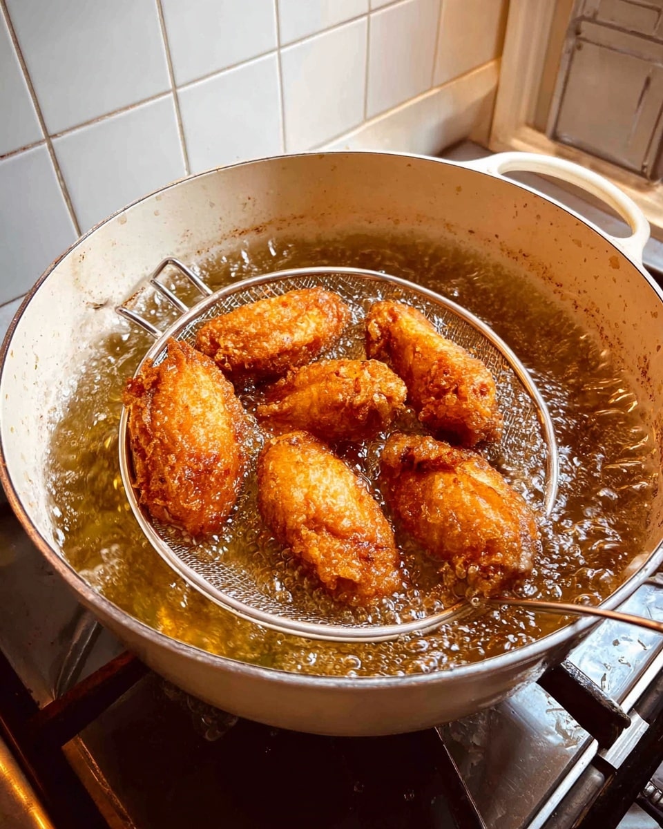 A large white deep pot filled with hot bubbling oil shows five golden brown fried chicken wings resting on a round metal strainer with a long handle, lifted above the oil surface. The wings are crispy and textured, with a rich, even golden color. The white marbled stovetop contrasts with the darker browned edges of the pot, and the background features white tiled walls. photo taken with an iphone --ar 4:5 --v 7