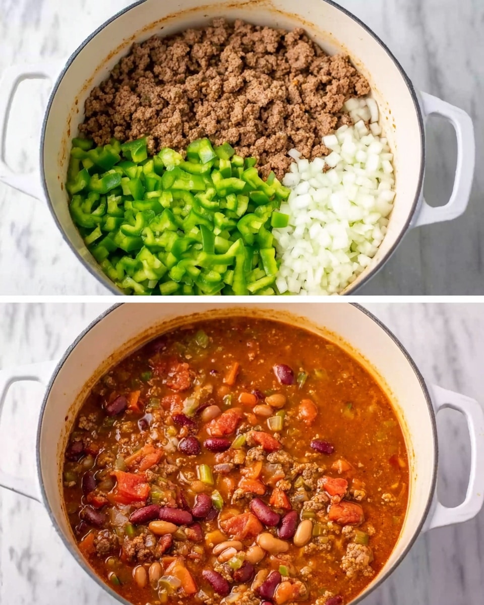The first image shows a white pot filled with three layers: the bottom layer is browned ground meat with a crumbly texture, the left top layer is bright green diced bell peppers, and the right top layer is white chopped onions, all unmixed. The second image shows the same white pot with the ingredients mixed into a thick chili soup filled with kidney beans, diced tomatoes, and bits of vegetables in a rich reddish-brown sauce, creating a colorful and hearty appearance. The pot sits on a white marbled surface. Photo taken with an iphone --ar 4:5 --v 7
