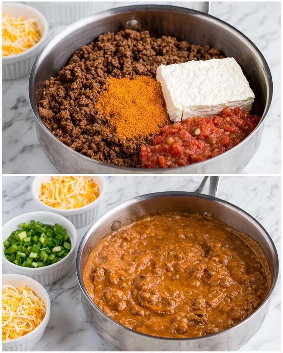 The image shows two close-up views of a metal saucepan on a white marbled surface. In the first view, the pan contains distinct layers: cooked brown ground beef covering one part, bright orange taco seasoning on top of part of the beef, a block of white cream cheese on one side, and red chunky salsa filling the remaining space. In the second view, all ingredients are mixed together into a smooth, creamy light brown sauce with visible bits of ground beef. Nearby, there are small white bowls with shredded yellow cheese and chopped green onions. Photo taken with an iphone --ar 4:5 --v 7