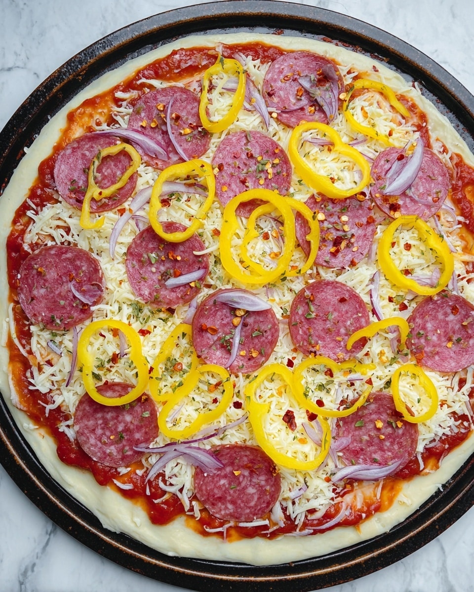 The image shows an uncooked pizza on a round dark baking tray. The pizza has a base layer of red tomato sauce spread evenly over a light beige dough. On top of the sauce is a layer of white shredded cheese scattered all around. Over the cheese, there are thin round slices of pinkish-red salami evenly placed. Thin strips of purple onion and bright yellow pepper rings are spread across the pizza in a loose, random pattern. The top of the pizza is sprinkled lightly with red chili flakes and some green herbs. The background is a white marbled surface. photo taken with an iphone --ar 4:5 --v 7