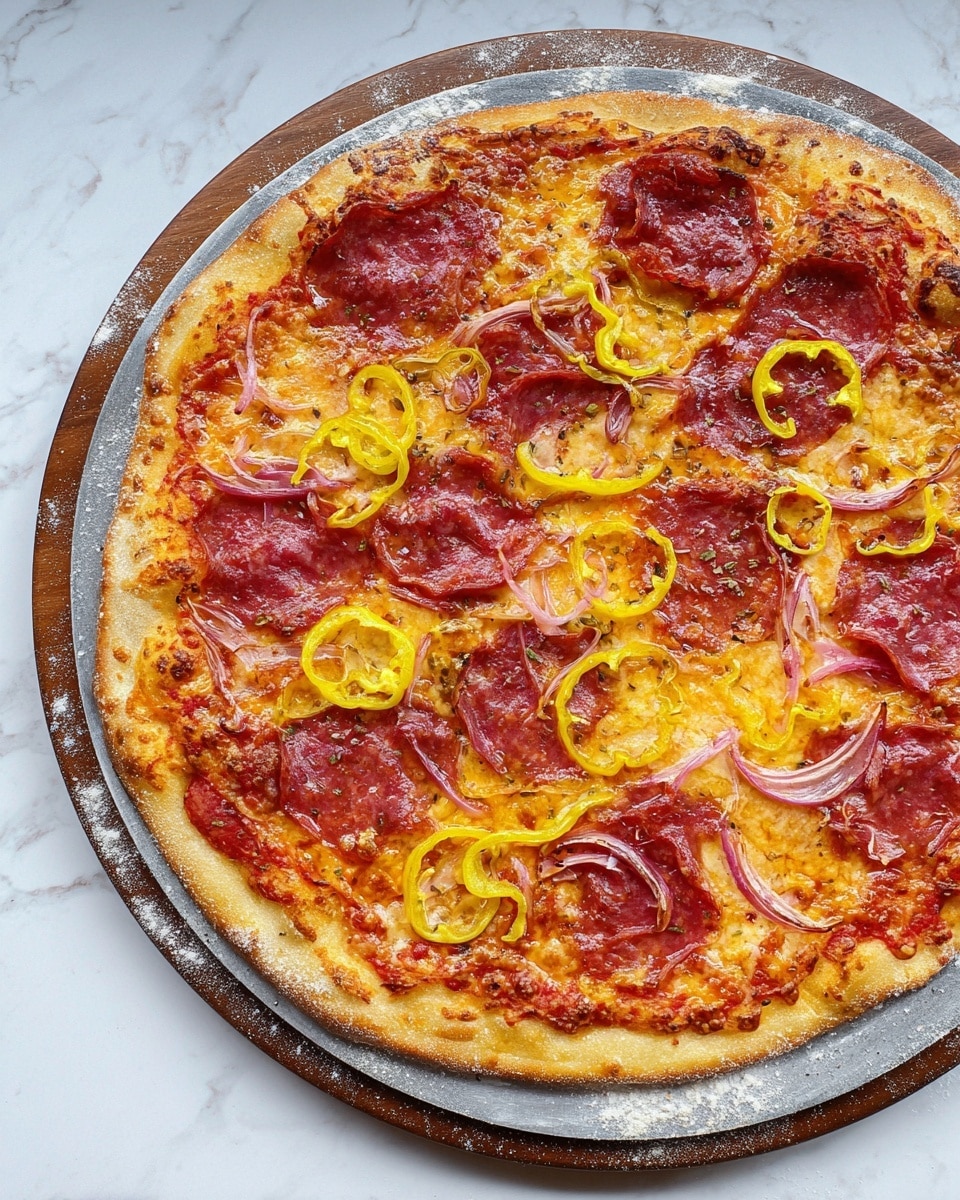 A large pizza with one thin, light golden crust topped with a layer of bright red tomato sauce spread evenly across the surface, followed by a layer of melted orange-yellow cheese showing some darker melted spots. On top, there are several round slices of dark red pepperoni distributed evenly, with thin strips of light purple-red onion and bright yellow ring-shaped pepper slices scattered across. The pizza rests on a round metal tray with a light dusting of flour around the edges, all on a white marbled surface. Photo taken with an iphone --ar 4:5 --v 7