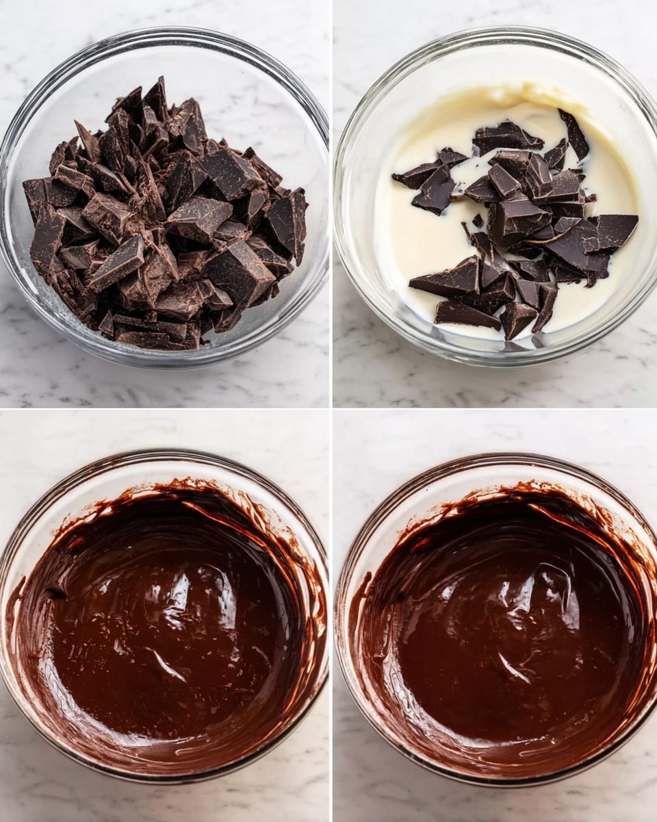 Three images show the process of melting chocolate in a clear glass bowl placed on a white marbled surface. The first image shows broken dark chocolate pieces, deep brown and solid, filling the bowl. The second image shows the same chocolate pieces now partially covered with light cream liquid, beginning to soften and melt. The third image shows a thick, shiny, dark brown chocolate mixture smoothly blended with no pieces visible, filling the bowl about halfway. Photo taken with an iphone --ar 4:5 --v 7