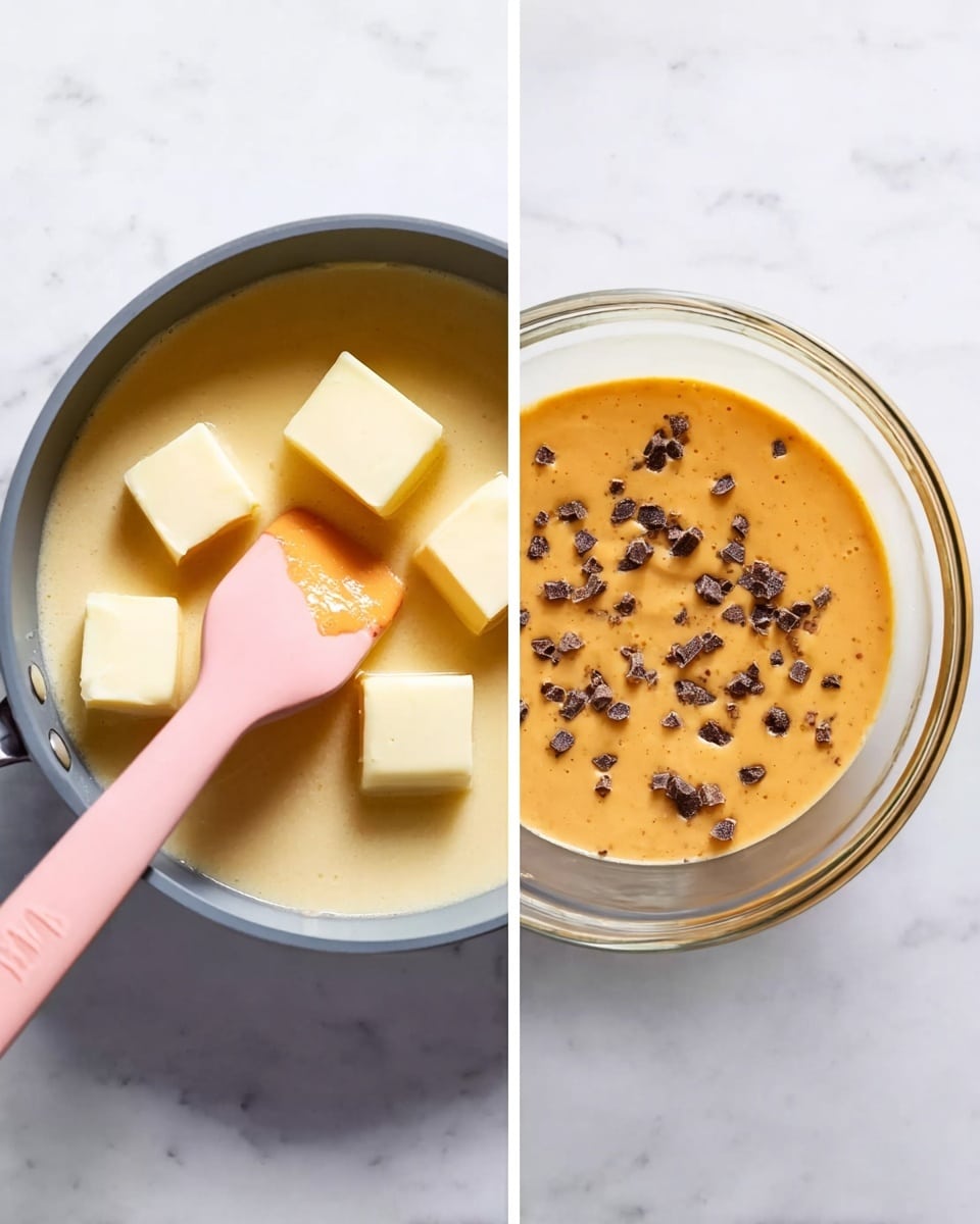 The first image shows a gray saucepan from above on a white marbled surface, containing several cubes of pale yellow butter placed on a smooth, creamy, off-white liquid base. A pale pink silicone spatula with a slight orange stain from the mixture rests inside the pan, with its handle stretching out of the frame. The second image shows a clear glass bowl on the same white marbled surface, filled with a thick, smooth orange sauce, sprinkled with small pieces of dark brown or black dry ingredients, evenly scattered mostly on the top layer of the sauce. photo taken with an iphone --ar 4:5 --v 7