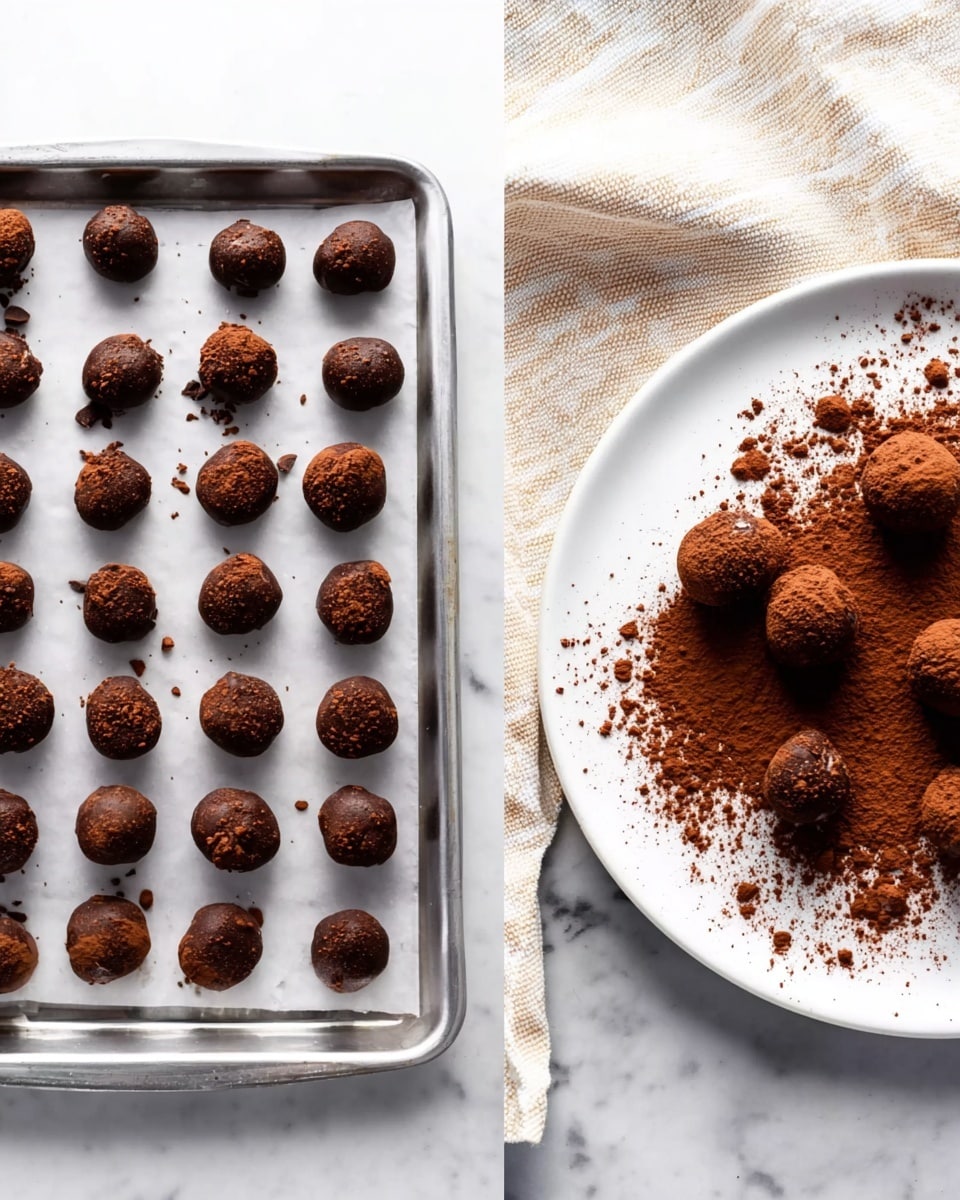 The first image shows a silver baking tray filled with small, dark brown chocolate dough balls arranged in rows on a white marbled surface. The texture of the dough balls looks soft and slightly uneven. The second image shows a white plate with seven small round chocolate balls covered partly in a layer of loose cocoa powder spread unevenly across the plate. The cocoa powder is a rich dark brown and the chocolate balls stand out against the white plate, which is on the same white marbled surface with a light-colored striped cloth nearby. Photo taken with an iphone --ar 4:5 --v 7