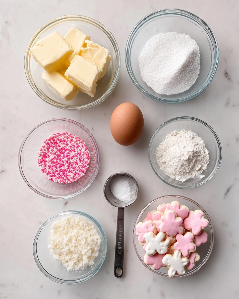 The image shows a clean, white marbled surface with ingredients arranged neatly. There are three glass bowls: one holding pale yellow butter, one with white sugar, and an empty one in the center. Next to them is a single brown egg standing upright. Below are three smaller bowls: one with white baking powder, one with light pink sprinkles and animal-shaped cookies in white and pink, and one with a few white sprinkles. There is also a small measuring spoon placed near the bowls. The colors are soft and pastel, with the bright pink sprinkles and cookies adding contrast to the white and cream ingredients. Photo taken with an iphone --ar 4:5 --v 7