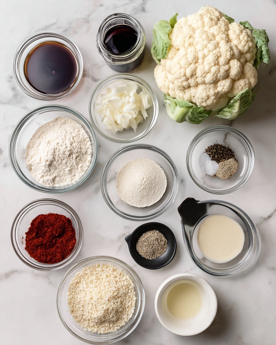 The image shows several clear glass bowls and small white and black dishes arranged on a white marbled surface, each containing different cooking ingredients. At the top right is a whole cauliflower with pale yellow-white florets and green leaves. Moving clockwise: a small glass jar with dark dipping sauce, a small clear bowl with white onion powder, a small black dish holding light beige garlic powder, a small black bowl with white sea salt, a small clear bowl with dark barbecue sauce, a larger clear bowl with light beige breadcrumbs, a smaller clear bowl with deep red paprika powder, a small white dish with black pepper, a large clear bowl filled with white flour, a larger clear bowl of off-white plant milk, and a small white dish of light yellow vinegar. The ingredients are neatly spaced out, showing different textures from powders to liquids and whole vegetables, all on a clean, bright setting. photo taken with an iphone --ar 4:5 --v 7