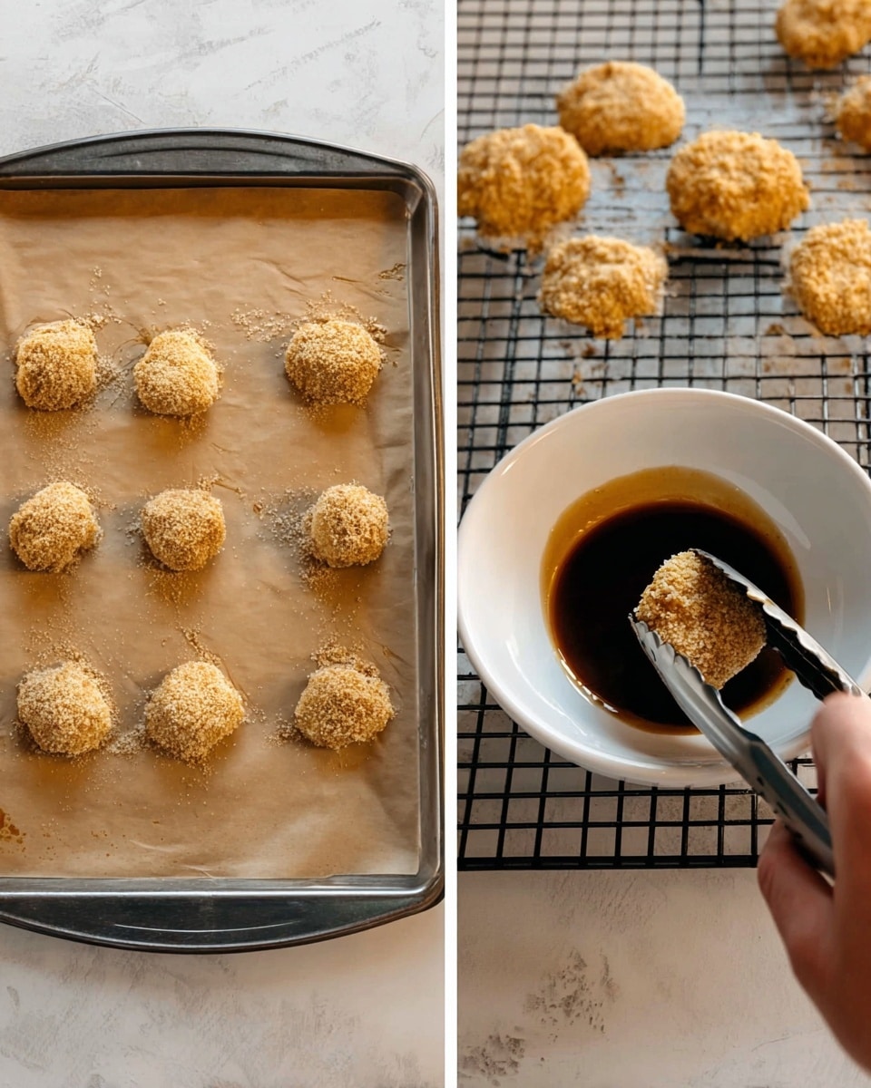 The image shows two close-up scenes side by side. On the left side, a tray lined with parchment paper holds small, round pieces of food coated in light golden crumbs, spaced evenly in a 3 by 3 grid. The texture looks rough and dry. On the right side, a woman's hand uses metal tongs to dip one crumb-coated piece into a white bowl filled with dark brown sauce. The bowl sits on a metal rack over a white marbled surface, with more coated pieces placed in the background. The scene suggests a cooking or preparing process with warm, natural lighting. photo taken with an iphone --ar 4:5 --v 7