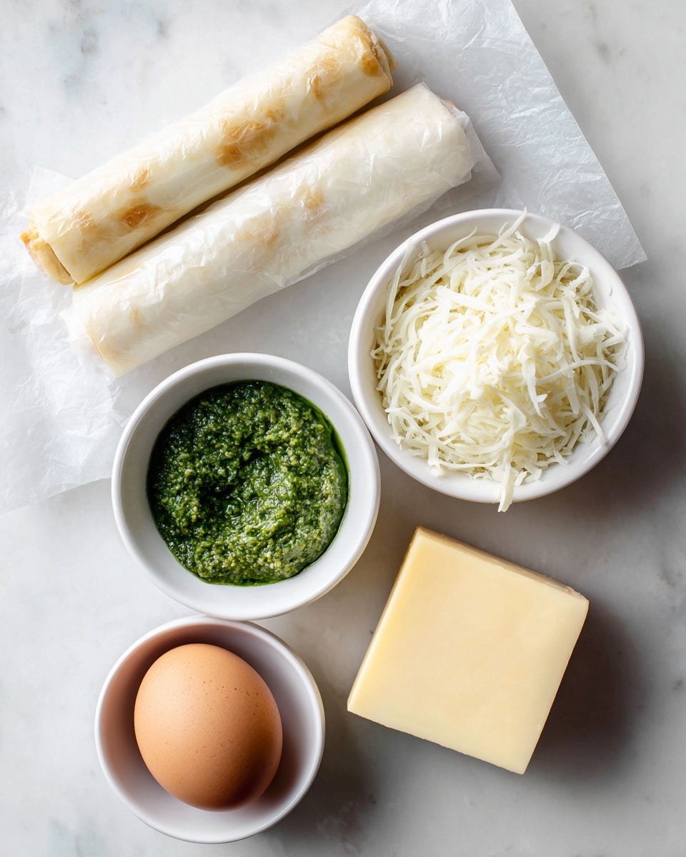 The image shows ingredients for cooking placed on a white marbled surface. There are two rolls of puff pastry wrapped in white paper on the left side. At the top center, a white bowl holds bright green basil pesto with a coarse texture. Next to it on the right, another white bowl is filled with shredded white mozzarella cheese. Below these, there is a whole brown egg with a smooth shell and to its right, a block of light yellow parmesan cheese with a solid texture. Each item is clearly visible with natural lighting. Photo taken with an iphone --ar 4:5 --v 7