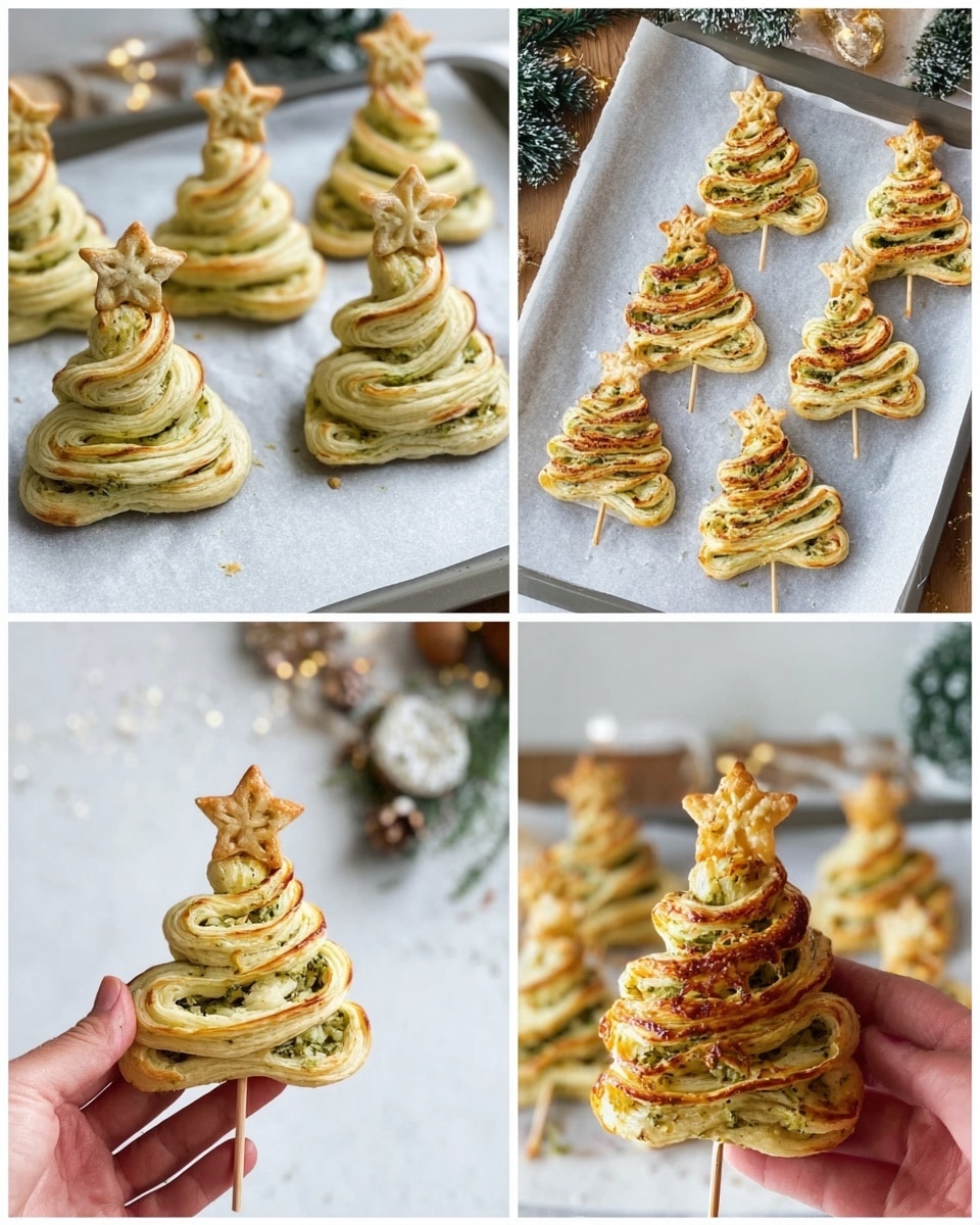 The images show six Christmas tree-shaped puff pastries arranged on a white baking tray lined with grey parchment paper. Each pastry has four thick, wavy layers with a green herb filling visible between the dough layers, topped with a small star-shaped pastry on top, and skewered with a wooden stick through the center. In the second image, a woman's hand is holding one of these raw pastries over the tray. After baking, the pastries turn golden brown with a crisp texture, and the layered filling remains visible with a slightly toasted look. In the last image, a woman's hand holds one of the baked pastries close up, showing the detailed swirled layers and the flaky outside. The background is a white marbled surface except for the last image where the tray rests on a warm wood table with holiday décor around. Photo taken with an iphone --ar 4:5 --v 7