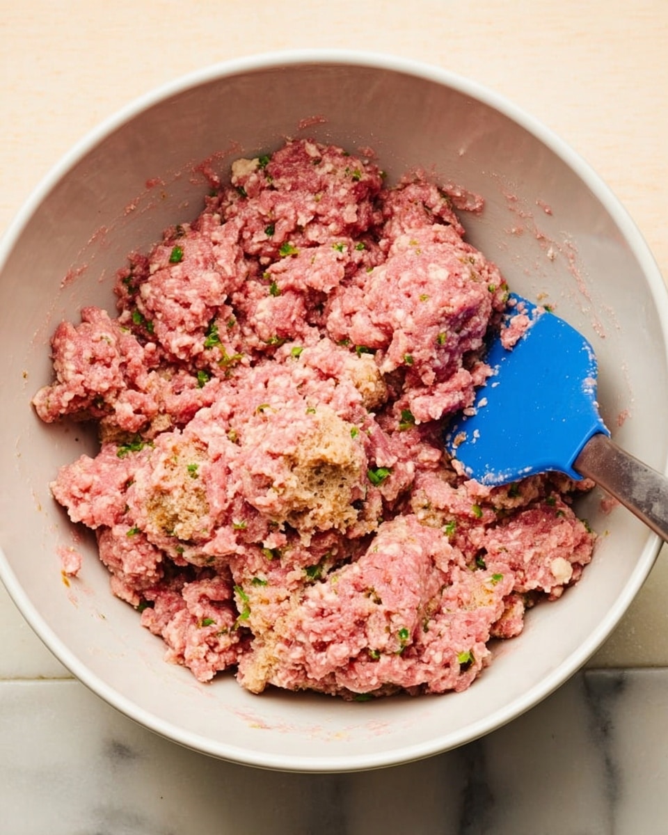 A white bowl filled with a mix of raw ground meat, which is pink in color, combined with pieces of brown bread and small bits of green herbs. The texture looks loose and sticky, with the bread pieces appearing soft but chunky among the meat. A blue spatula is partly buried on the right side inside the bowl. The bowl sits on a white marbled surface. photo taken with an iphone --ar 4:5 --v 7
