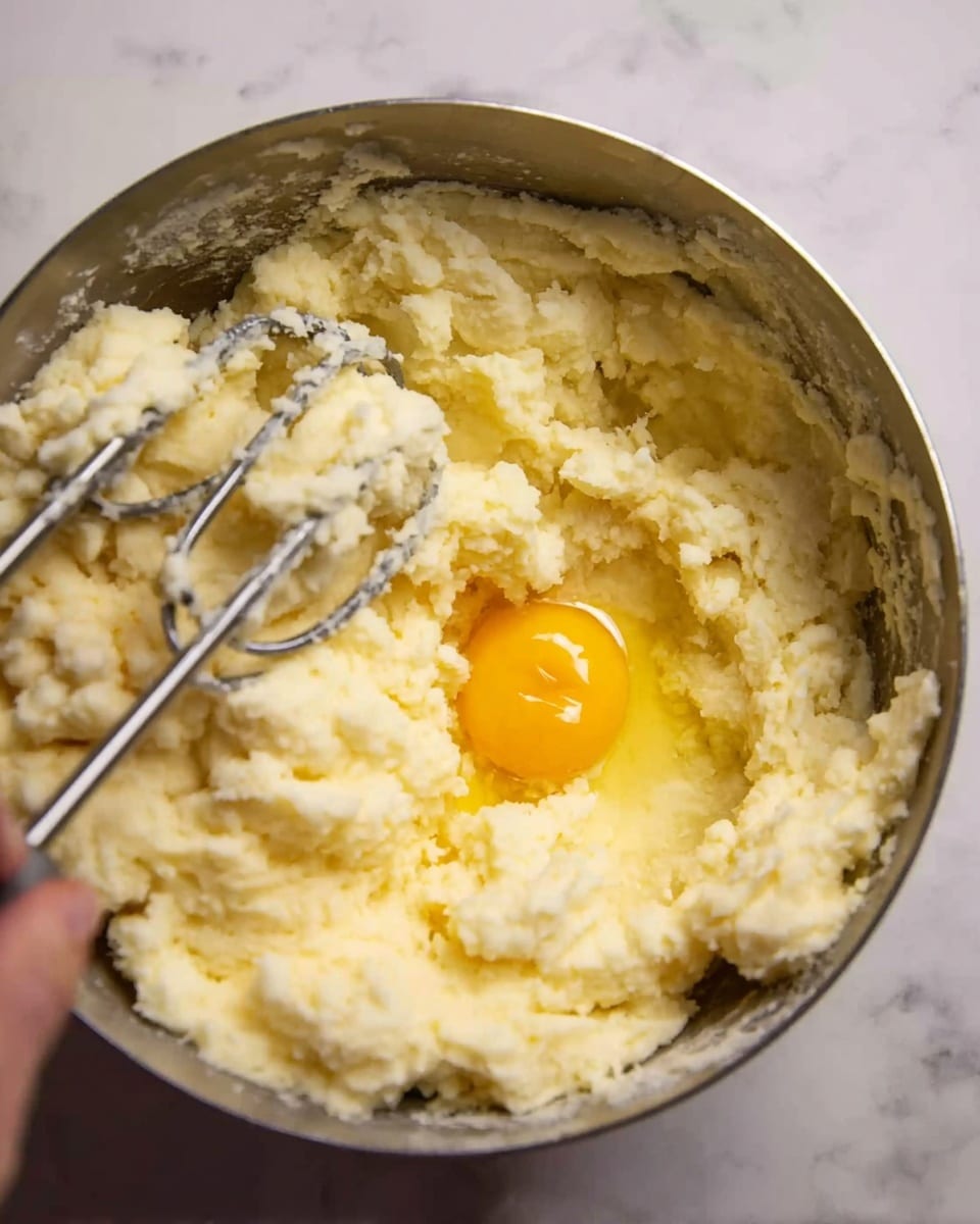 The image shows a close-up of a metal bowl filled with mashed potatoes. The potatoes are creamy and pale yellow in color, with a rough texture indicating they are in the middle of being mashed. Within the mash, there is a single bright yellow egg yolk resting on top, not yet mixed in. A metal potato masher is partially buried in the potatoes, with some mashed potato sticking to its wires and a woman's hand holding it. The background is a white marbled surface. photo taken with an iphone --ar 4:5 --v 7