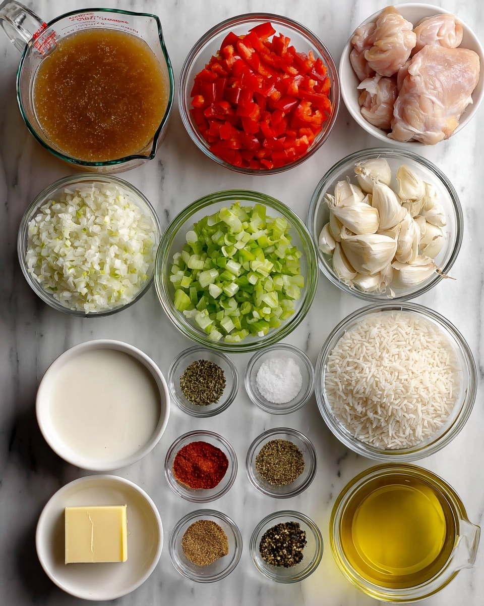 A collection of clear glass bowls and a measuring cup, each filled with different ingredients for cooking. At the top left is a measuring cup holding brown broth, next to it a bowl of bright red chopped bell pepper. To the right is a bowl of light green chopped celery. Below the broth is a bowl of finely chopped white onion, and a small bowl with minced garlic is placed near the center. Below the garlic, a white bowl holds creamy white cream. A small bowl with light yellow lemon juice and a tiny bowl with a square piece of pale yellow butter are nearby. Three tiny bowls contain salt and black pepper mix, dried Italian seasoning in greenish-brown color, and bright red Cajun seasoning powder. A small glass container with golden olive oil is next to a large package of raw light pink chicken thighs. A clear glass measuring cup filled with white rice is near the top right. All items are on a white marbled surface. Photo taken with an iphone --ar 4:5 --v 7