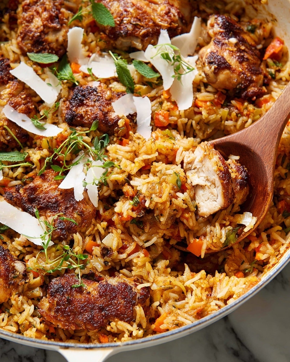 A close-up view of a white cookware filled with layers of cooked rice mixed with small diced orange and green vegetables as the base layer. On top, there are several pieces of browned, seasoned cooked chicken with a slightly crispy texture. Scattered thin white cheese shavings and fresh green herb sprigs are placed over the chicken and rice, adding contrast and freshness. A wooden spoon scoops one piece of chicken and some rice from the side, showing the rich mix of textures and colors, all set against a white marbled surface. Photo taken with an iphone --ar 4:5 --v 7