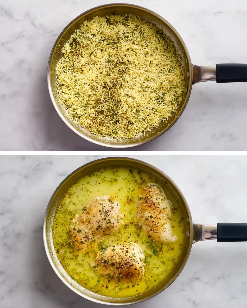 Two images show a cooking process in a shiny metal pan with a black handle on a white marbled surface. The first image shows a single layer of uncooked rice, yellowish with some green herbs mixed in, spread evenly across the pan’s bottom. The grains are long and separate, covering the pan in a flat textured layer. The second image shows the same pan filled with a yellow greenish liquid, mostly covering three pieces of light brown cooked chicken, visible near the surface with some black pepper and herbs sprinkled on top. The liquid has a smooth, slightly creamy texture with herbs floating and the chicken pieces arranged with one near the center and two off to the sides. Photo taken with an iphone --ar 4:5 --v 7