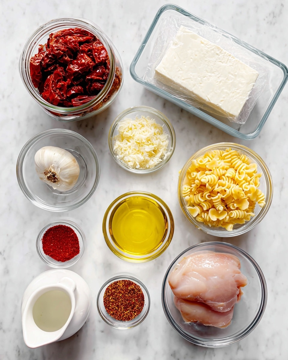 The image shows several clear glass bowls and a jar on a white marbled surface, each containing different ingredients arranged neatly. At the top left, there is a jar filled with deep red sun-dried tomatoes. Next to it, a rectangular clear glass dish holds a block of white mozzarella cheese wrapped partially in plastic. To the right, a medium clear bowl contains bright yellow macaroni pasta. Below the mozzarella, a small clear bowl contains minced pale yellow garlic, and beside it, a small bowl with light yellow olive oil. In the center, a clear bowl has a raw pink chicken piece. At the bottom left, a small clear bowl holds deep red paprika powder, and to its right, another small bowl contains reddish-brown chili flakes. A white pitcher with white half and half liquid sits near the bottom left corner. All the items are spread out on the white marbled texture. photo taken with an iphone --ar 4:5 --v 7
