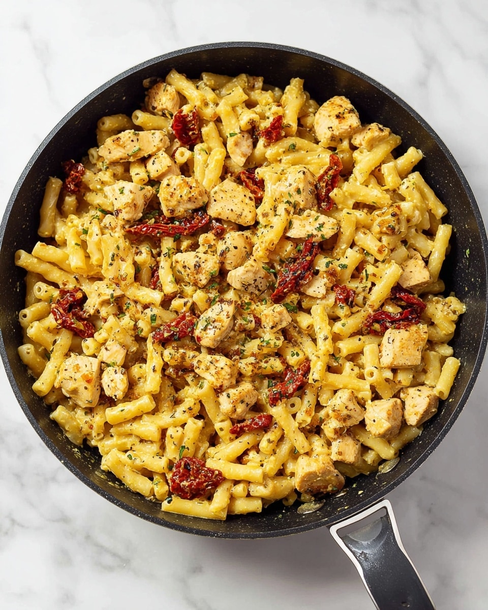 A black pan filled with cooked short macaroni pasta mixed with small pieces of light brown cooked chicken and dark red sun-dried tomatoes. The pasta and chicken are covered in a creamy yellow sauce and sprinkled with small green herbs and black pepper. The pan is placed on a white marbled surface. Photo taken with an iphone --ar 4:5 --v 7