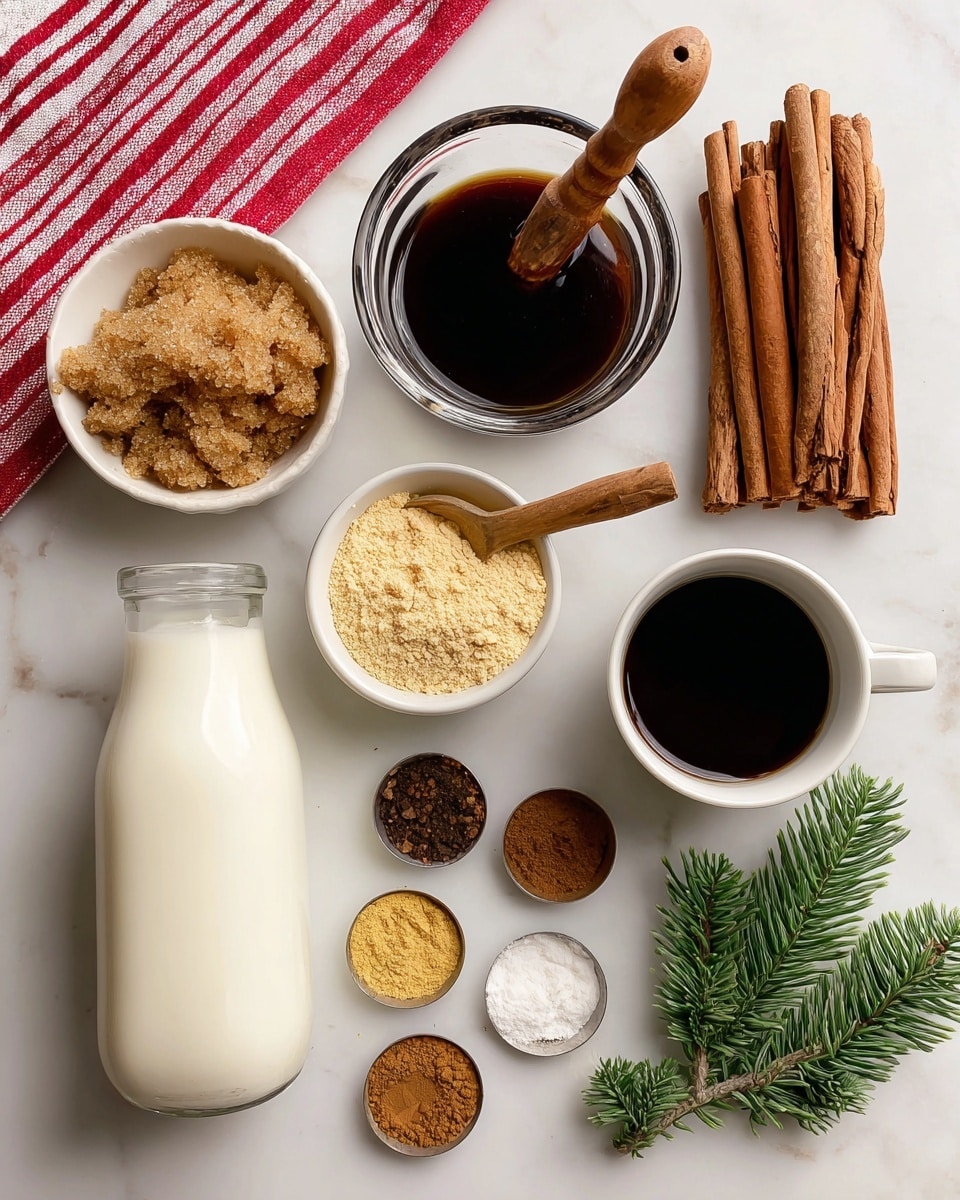 The image shows various ingredients arranged neatly on a white marbled surface. On the top left, there is a small white dish filled with light brown, coarse brown sugar. To its right, a wooden-handled measuring cup holds dark, thick molasses. Next to it is a clear glass cup filled with dark, strong coffee. On the top right, five brown cinnamon sticks are stacked with some green pine needles around them. Below these, there are three small wooden-handled measuring spoons containing fine powders: vanilla (dark brown), nutmeg (light brown), and cloves (very dark brown). On the bottom left, a glass bottle is filled with white milk beside a white dish containing yellowish ginger powder. A red and white striped cloth is placed along the bottom edge of the scene. Photo taken with an iphone --ar 4:5 --v 7