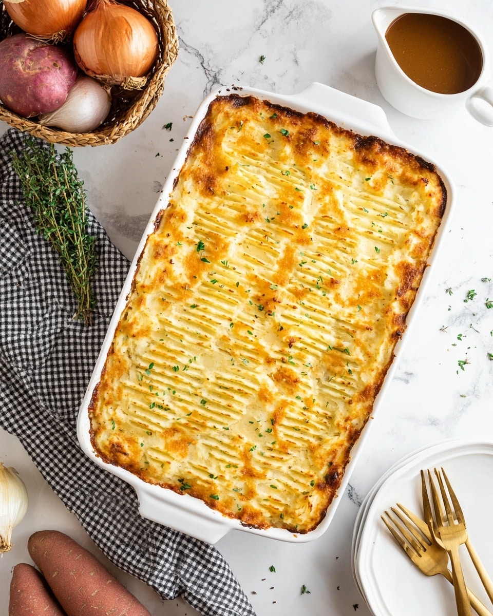 The image shows a white rectangular baking dish filled with a baked dish that has a golden-brown, textured top layer with rows of slightly ridged patterns and small bits of green herbs sprinkled over it. The dish appears creamy with some browned spots on the edges, indicating it has been baked to a crispy finish. The baking dish is placed on a white marbled surface alongside a small white pitcher filled with brown sauce, a small bundle of fresh herbs, a basket of onions, garlic, and sweet potatoes in the upper left corner, and some gold forks resting on a black and white checkered cloth. Two stacked white plates sit in the lower right corner of the frame. The photo is taken with an iphone --ar 4:5 --v 7