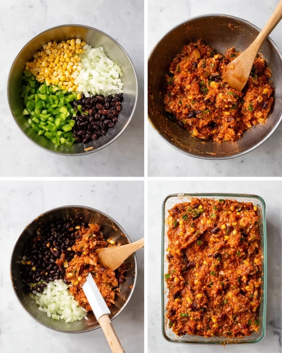 The first image shows a metal bowl with four separate layers: diced green bell peppers on the left bottom, black beans on the right bottom, chopped white onions on the left top, and yellow corn on the right top, all on a white marbled surface. A wooden spoon with a wooden handle rests inside the bowl near the vegetables. The second image displays the same bowl with all ingredients mixed together into a chunky, reddish mixture, with some green pieces and black beans visible, and the wooden spoon lying inside the mixture. The third image shows the reddish mixture spread out in a clear square baking dish, with a white spatula partly in the mixture on the left side. The fourth image focuses closely on the mixture in the clear baking dish with the white spatula pressing down on it, showing a textured surface with visible chunks of beans, green pieces, and orange color. Photo taken with an iphone --ar 4:5 --v 7
