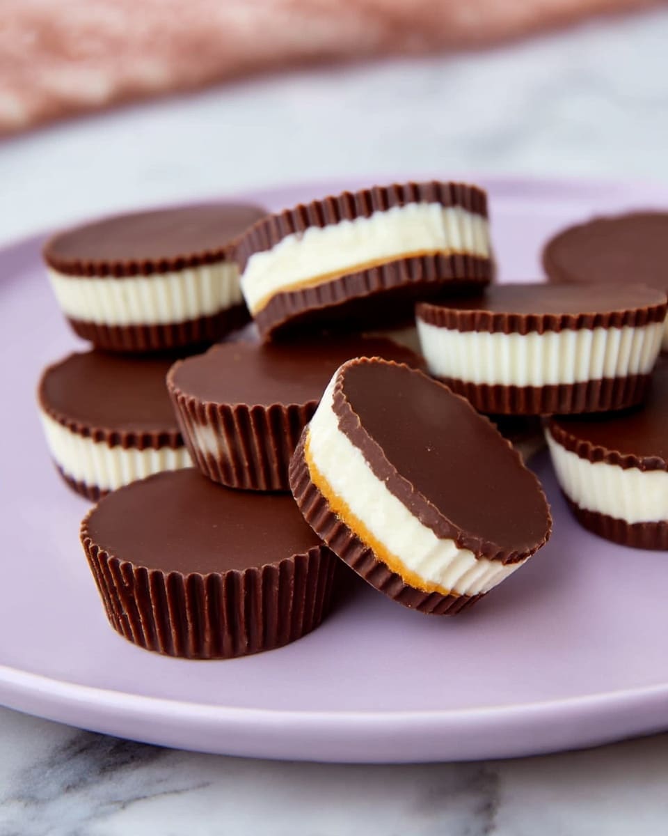 There are seven round layered chocolate cups with three layers each, stacked on a white plate. Each cup has a shiny dark brown top layer, a middle layer that is mostly white with some cups showing a thin orange band above the white, and a white bottom layer with a ridged edge. The cups are arranged with three cups stacked at the back and four cups placed in front, slightly leaning on each other. The background shows a soft white marbled texture. photo taken with an iphone --ar 4:5 --v 7