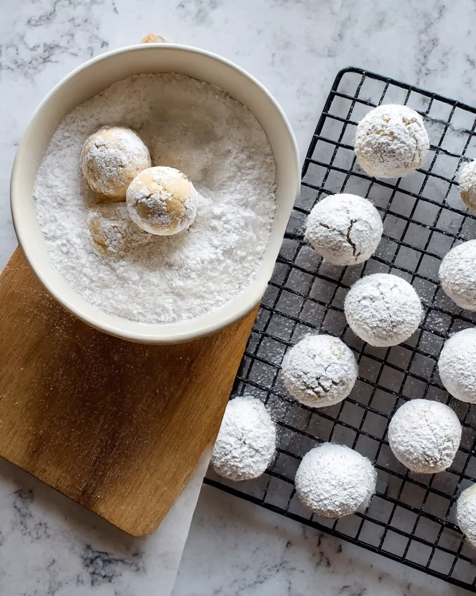 The image shows round cookie balls covered in white powdered sugar. On the left side, three cookie balls sit inside a white bowl filled halfway with white powdered sugar, resting on a wooden board on a white marbled surface. The cookies are light brown and lightly cracked, with some powdered sugar dusted on top. On the right side, nine of these cookie balls are placed on a black wire cooling rack over a white marbled surface, all covered well in powdered sugar and evenly spaced. The texture of the cookies is smooth with some small cracks visible. Photo taken with an iphone --ar 4:5 --v 7