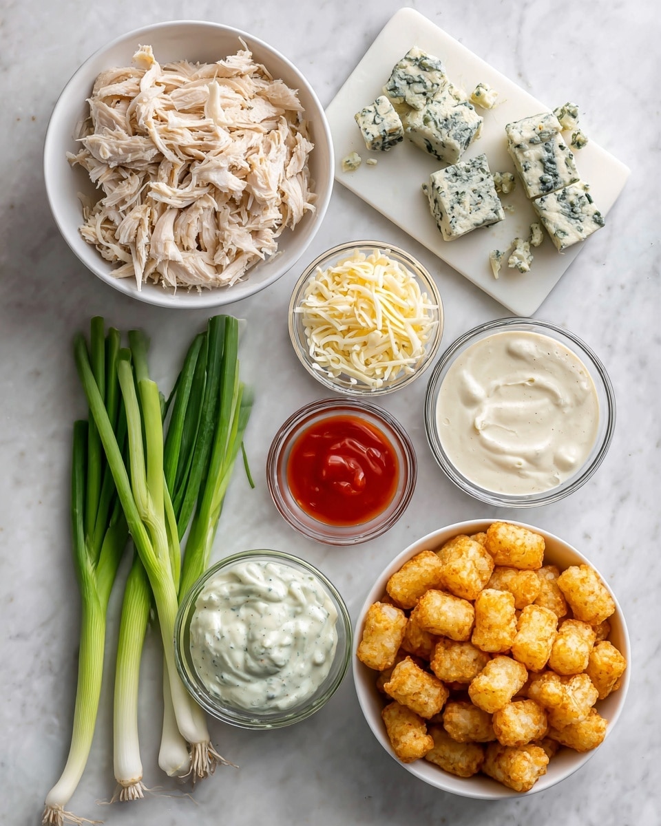 A flat lay of cooking ingredients for a dish arranged on a white marbled surface. In the top left, a white bowl filled with pale shredded chicken. To its right, chunks of blue cheese with greenish veins, placed on a small white cutting board. Below the chicken, a bunch of bright green onions lies next to a small clear glass bowl filled with white shredded Monterey Jack cheese. At the center, a small clear glass bowl with bright red hot sauce. To the right of the hot sauce is another small clear glass bowl filled with creamy white blue cheese dressing, and below it, a similar bowl filled with creamy ranch sauce. In the bottom right corner, a white bowl full of golden, crispy tater tots. Photo taken with an iphone --ar 4:5 --v 7