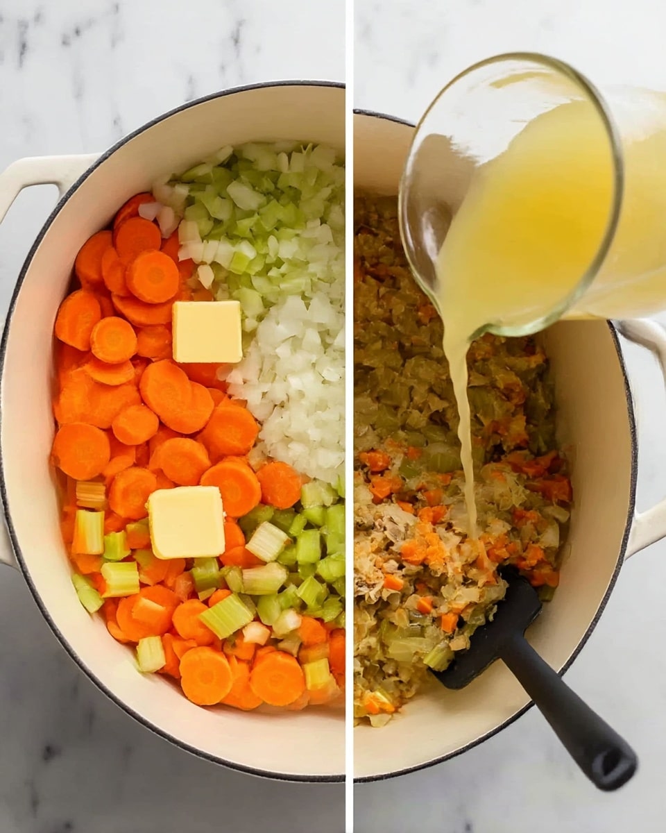 The first image shows a white inner pot with four layers of ingredients arranged separately: bright orange carrot slices on the left bottom, light green celery pieces on the right bottom, finely chopped white onions on the top, and a small square of light yellow butter placed in the middle. The second image shows the same white inner pot with the ingredients mixed and cooked into a soft texture with orange, green, and brown colors mixed together, while a light yellow liquid is being poured into the pot from above by a clear glass container. A black spatula is resting inside the pot on the right side. Both images have a white marbled surface background. Photo taken with an iphone --ar 4:5 --v 7