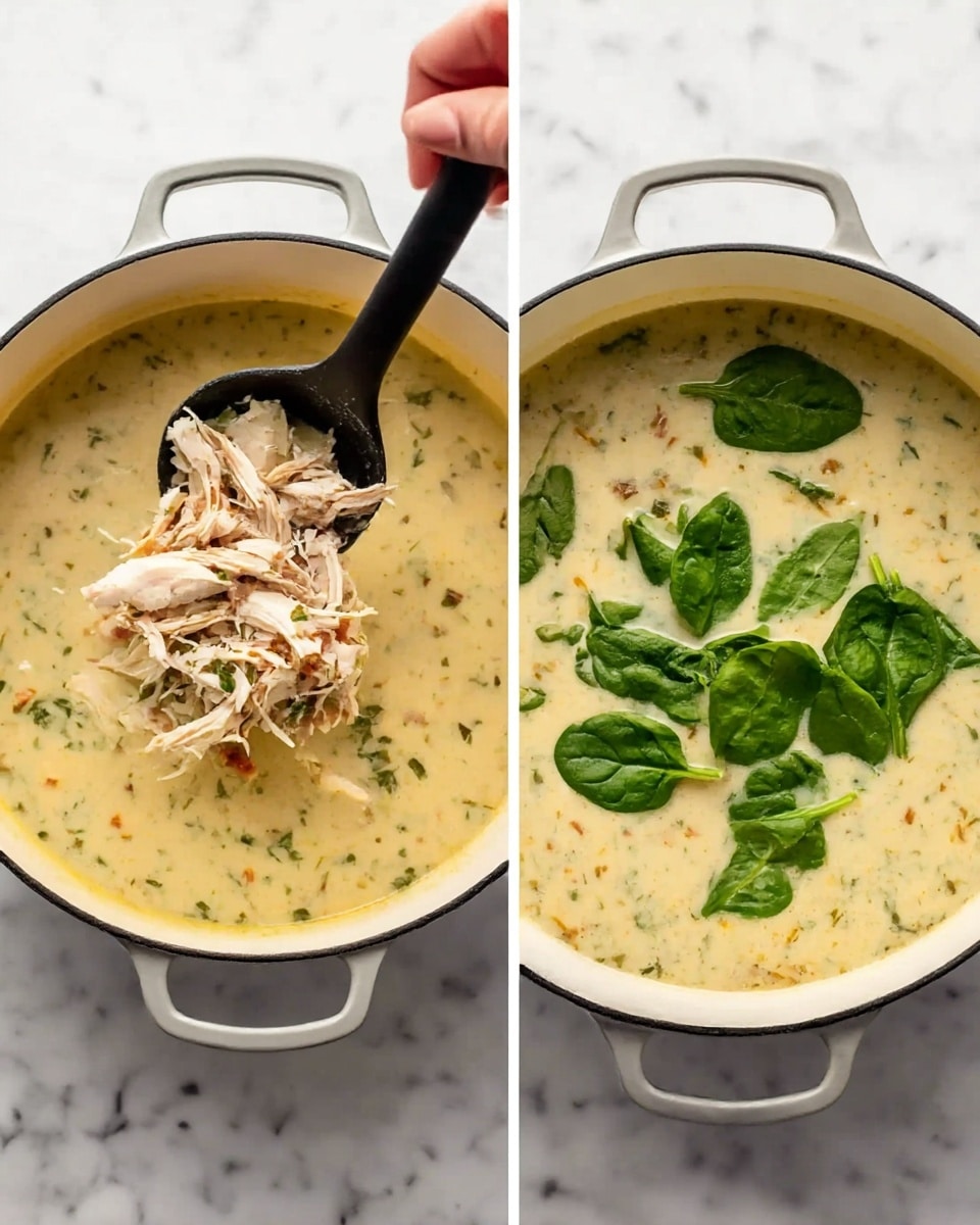 Two side-by-side images show a white pot filled with a creamy light yellow soup with small bits of herbs and vegetables throughout. On the left, a woman's hand holding a black ladle is lifting shredded light brown chicken above the soup. On the right, fresh bright green spinach leaves float on the surface of the same creamy soup inside the pot. The pot rests on a white marbled surface. Photo taken with an iphone --ar 4:5 --v 7