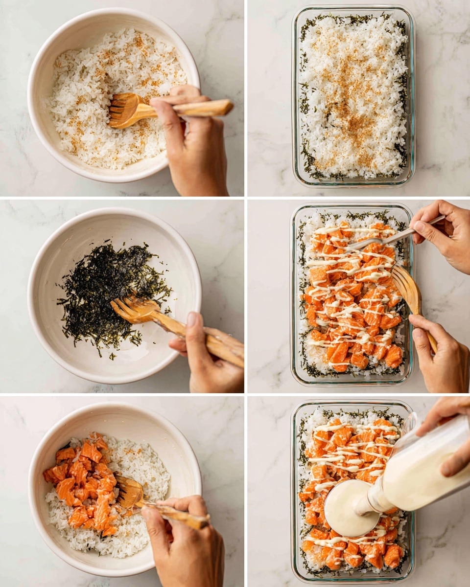 The dish shows six steps of making a layered rice and salmon dish. In the first step, sticky white rice with some light brown bits is mixed in a white bowl with a wooden spoon, held by a woman's hand. The second step shows the rice being spread into a clear glass rectangular dish with the woman's hand holding the wooden spoon. In the third step, dark green seaweed flakes are sprinkled evenly over the rice base in the glass dish. The fourth step shows chunks of bright orange cooked salmon mixed with a creamy white sauce in a white bowl, stirred by a woman's hand with a fork. In the fifth step, the salmon mixture is evenly spread on top of the seaweed and rice layer in the glass dish using a spoon held by a woman's hand. The final step features the salmon layer drizzled diagonally with a light beige creamy sauce, with a woman's hand applying the sauce from a squeeze bottle over the white marbled background photo taken with an iphone --ar 4:5 --v 7