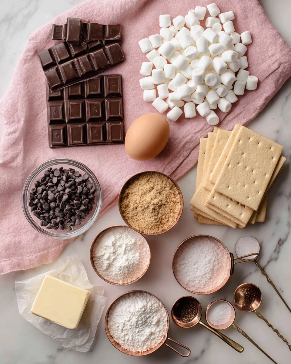A flat lay image shows all ingredients for a s'mores cookie recipe arranged on a white marbled surface with a soft pink cloth in the center. On the top left, there is a chocolate bar with defined rectangular pieces, next to a heap of small white mini marshmallows resting on the pink cloth. To the top right, there are four white rectangular graham crackers stacked on each other. Below the crackers, there are three copper measuring cups filled with white sugar, light brown sugar, and white all-purpose flour, each showing a fine grain texture. Near the center, a single brown egg sits on the pink cloth. To the left of it, a small glass bowl filled with dark chocolate chips sits nearby a stick of light yellow butter partially wrapped in white paper. Scattered around are small copper measuring spoons with white powders labeled as salt, corn starch, baking powder, and baking soda, and a small glass container with dark brown vanilla extract. The colors are warm and natural with a mix of white, brown, and soft pastel pink, photo taken with an iphone --ar 4:5 --v 7
