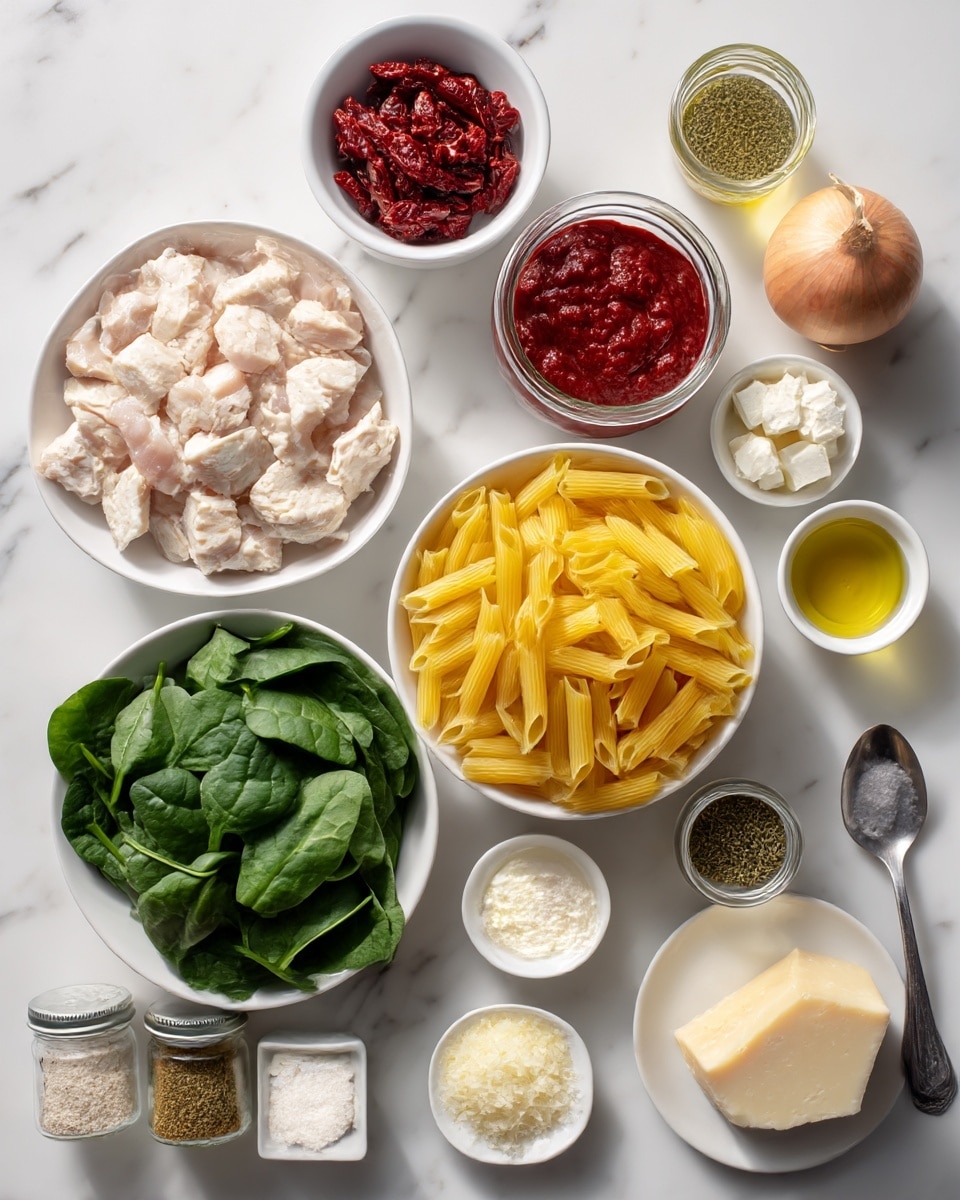 The image shows many cooking ingredients placed on a white marbled surface. There is a white bowl filled with cubed raw chicken with a pale pink color on the left side. Next to it is a small white bowl with dried red tomatoes, and nearby is a small glass jar of tomato paste with a deep red color. A larger white bowl contains bright yellow dry penne pasta on the bottom right. Above the pasta bowl is another white bowl filled with fresh green spinach leaves. There are also small white dishes with white cream cheese cubes and a few other white powders or sugar. Various glass containers hold liquid ingredients like olive oil and a light yellow broth. There are two small glass jars labeled “PAPRIKA” with red powder and “THYME” with green dried leaves near a whole light brown onion at the bottom. A small plate has a block of pale yellow cheese with a metal spoon and some grated cheese on the side. The ingredients are arranged neatly and brightly lit, set for cooking. Photo taken with an iphone --ar 4:5 --v 7