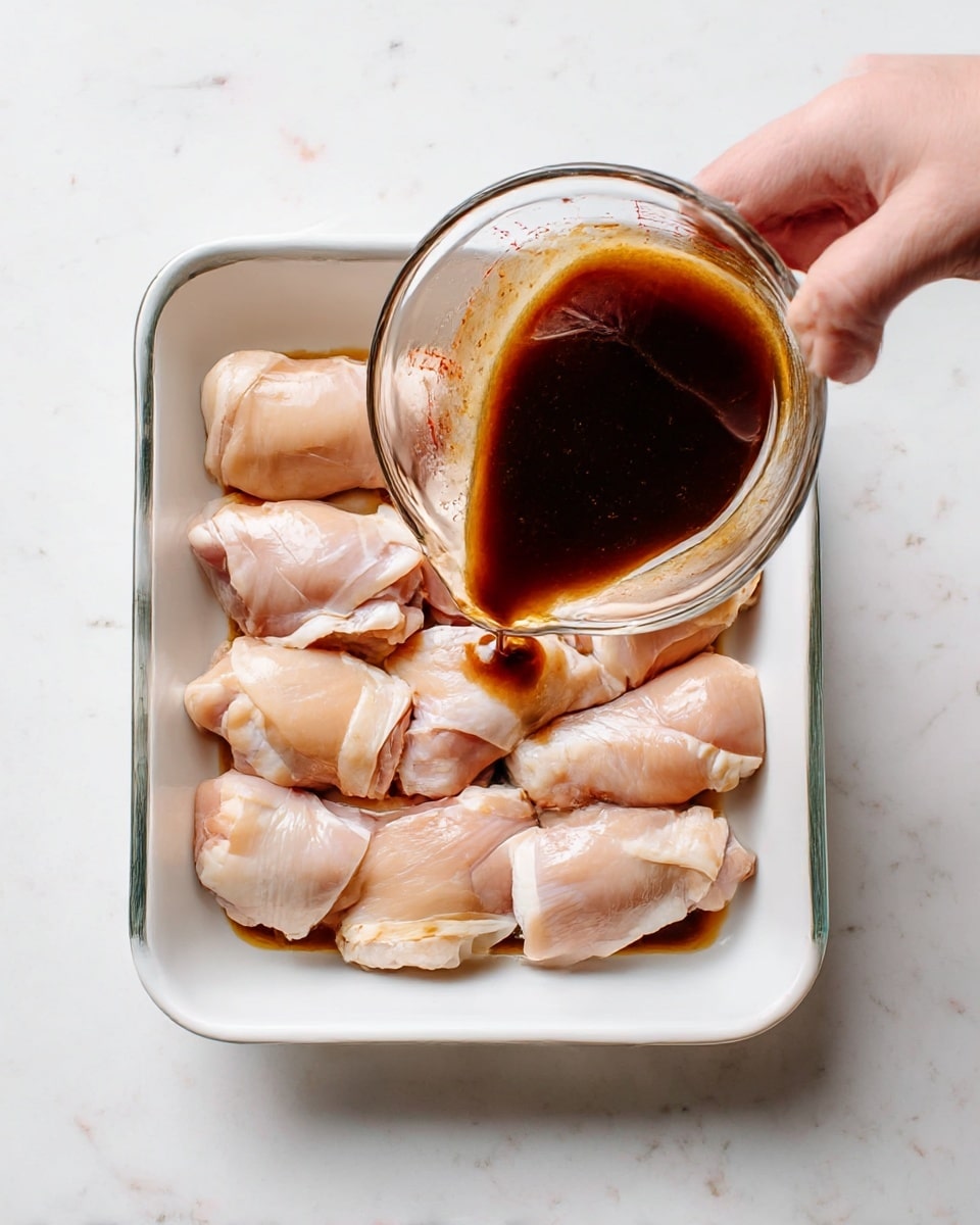 A white rectangular dish holds nine pieces of raw chicken thighs arranged closely in three rows, with their pale pink skin and light fat visible. A dark brown sauce with a glossy texture is being poured from a small clear glass measuring cup onto the chicken, covering parts of the meat with a thin shiny layer. A woman's hand is holding the measuring cup, tilted toward the dish. The dish sits on a white marbled surface, creating a clean and bright background. photo taken with an iphone --ar 4:5 --v 7