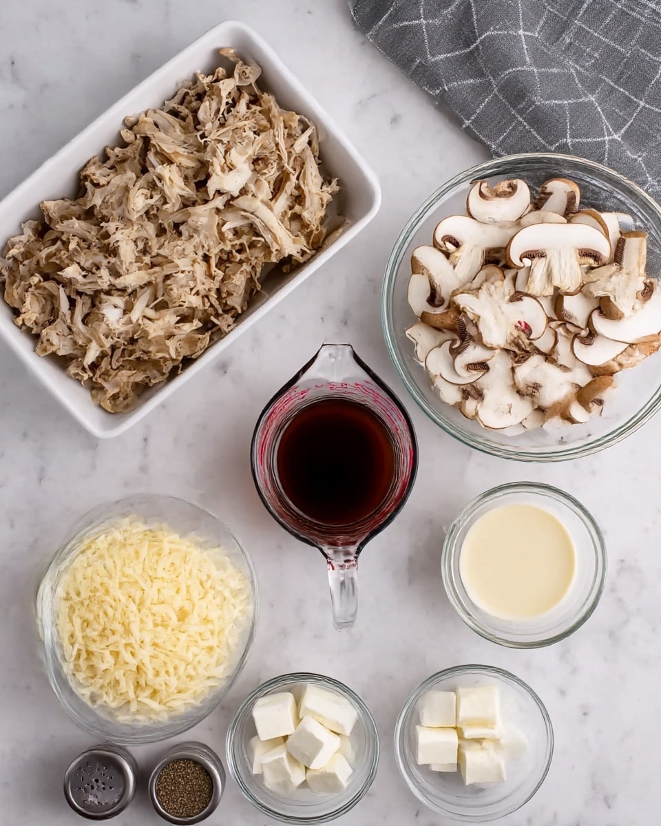 The image shows a white marbled surface with several clear glass bowls and a white dish filled with food. At the top left, there is a white dish filled with shredded beige and light brown cooked meat. To the right is a clear glass bowl filled with sliced white mushrooms with brown gills. Below the dish with meat is a small white bowl with shredded pale yellow cheese, next to it is a small white bowl filled with a light cream liquid. In the center is a clear glass measuring cup containing a dark brown liquid. Below the measuring cup, there is a small bowl with white cream cheese cubes, next to it is a small bowl with white onion slices. On the left bottom are two small round containers, one with salt and pepper, and the other with minced garlic. The setup is neat with a gray and white checkered cloth placed in the top right corner of the frame. photo taken with an iphone --ar 4:5 --v 7