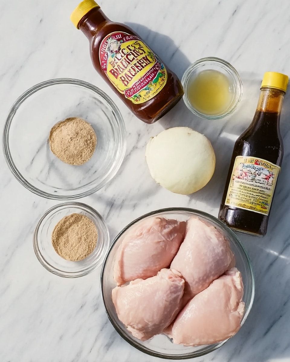 The image shows a clear glass bowl filled with four raw chicken pieces that are pale pink in color and smooth in texture, placed on a white marbled surface. Next to the bowl, there is a small clear glass bowl with a light brown powder, and another small clear glass bowl filled with a pale yellow liquid. Beside them, there is a whole half onion with white and light yellow tones, a full brown bottle of honey barbecue sauce with a colorful label, and a full dark brown bottle of Worcestershire sauce with a yellow label. Photo taken with an iphone --ar 4:5 --v 7