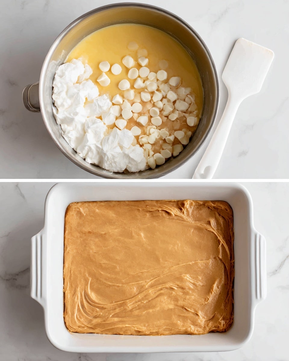 The first part of the image shows a silver pot with several ingredients inside: a light yellow melted butter layer covering the bottom, white chocolate chips clustered on one side, a creamy beige peanut butter portion near the bottom center, and dollops of white whipped cream or marshmallow spread on the left side, all yet to be mixed. The second part of the image shows a white square ceramic baking dish filled with a smooth, evenly spread light brown batter, touching the edges and set on a white marbled surface, with a white spatula resting nearby. photo taken with an iphone --ar 4:5 --v 7