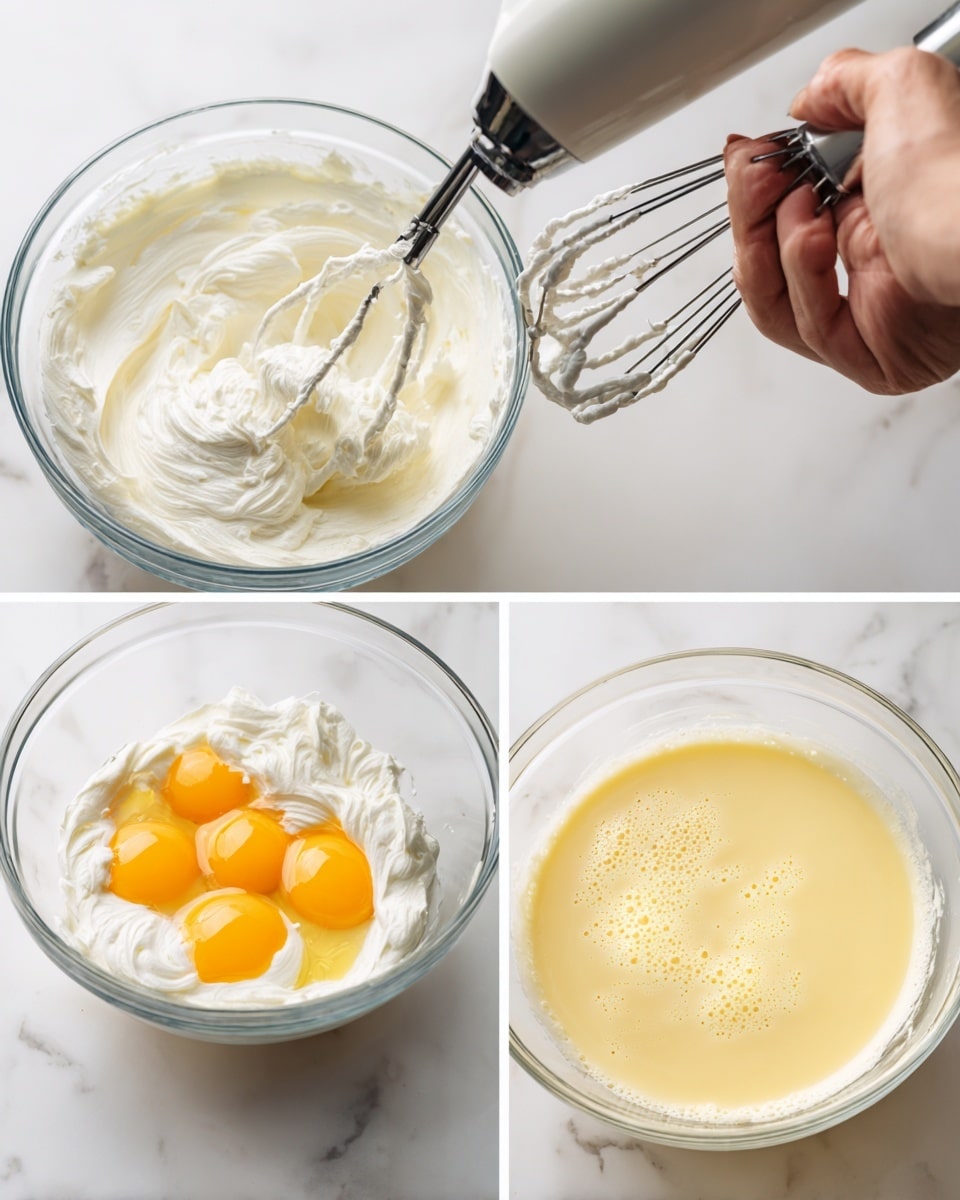 The image shows three close-up views of mixing ingredients in clear glass bowls placed on a white marbled surface. The top left bowl contains thick white whipped cream or batter with a woman's hand mixer partially visible with metal beaters coated in the creamy mixture. The bottom left bowl has the same creamy base with four whole raw egg yolks and whites placed on top, the mixer's beaters also partially visible. The large right bowl shows a smooth, pale yellow liquid mixture with fine bubbles on the surface, and the woman's hand mixer beaters partially dipped in it. photo taken with an iphone --ar 4:5 --v 7