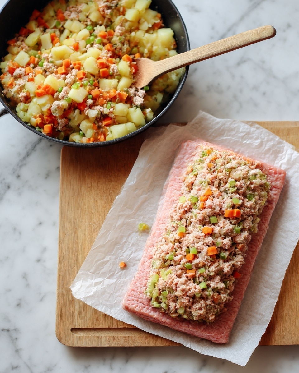 The image shows two layers of food on a white sheet placed on a wooden board with a white marbled surface below. The bottom layer is a flat, light pink layer of meat spread out evenly. On top of it is a rough, uneven layer of mixed meat and vegetables, mostly beige in color, with small pieces of bright orange carrots and light green celery visible throughout. To the left, there is a black pan with a wooden spoon, filled with a similar mix of beige meat, orange carrots, and green celery chunks, resting on a wooden trivet. The colors are natural and soft, with a focus on the texture of the chunky meat and vegetable mixture. photo taken with an iphone --ar 4:5 --v 7