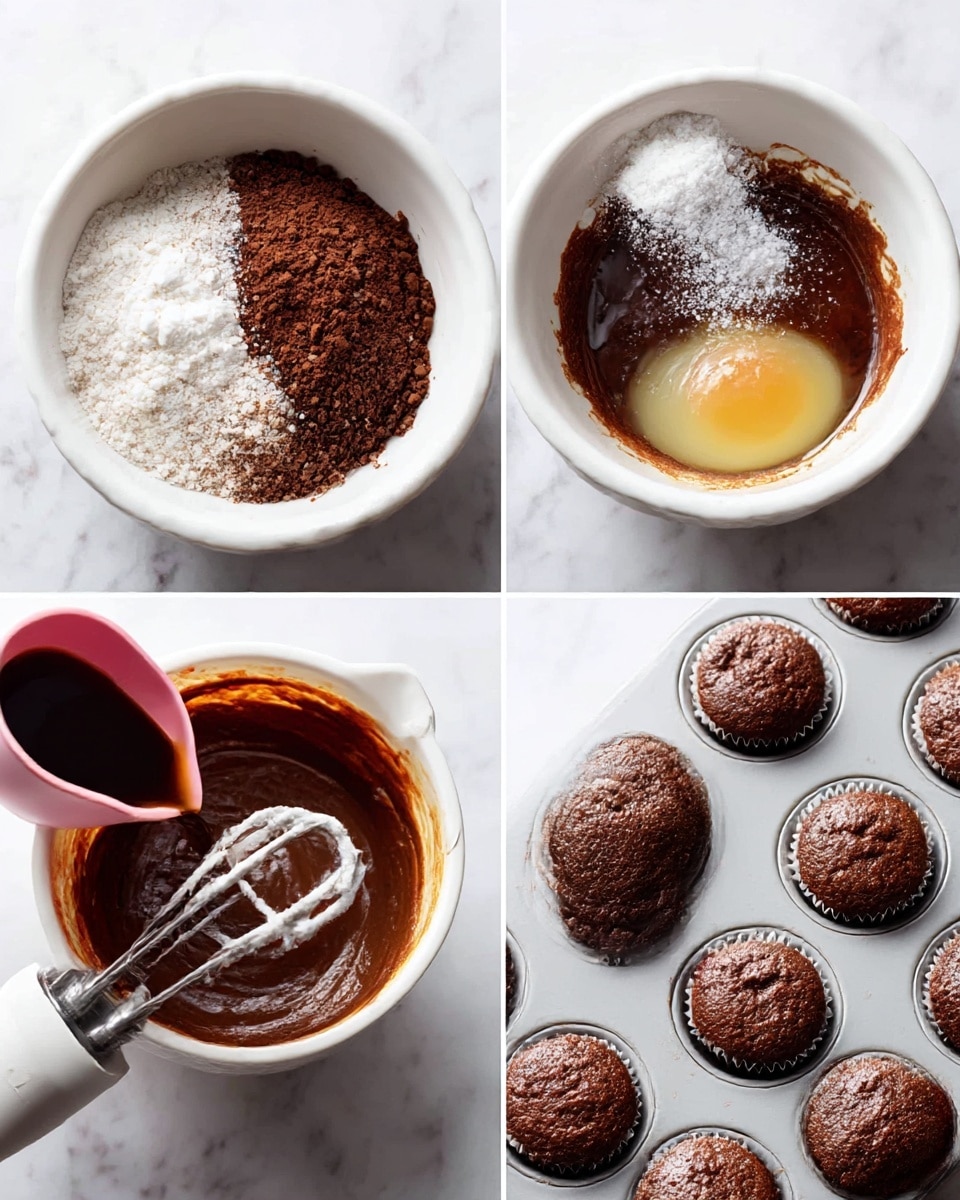 The image is divided into four parts, each showing a step for making chocolate cupcakes. In the top left, a white bowl sits on a white marbled surface filled with dry ingredients including dark brown cocoa powder and white baking powder, and a woman's hand is sprinkling a powdered ingredient on top. The top right shows the same white bowl with dry cocoa mixture at the bottom, and wet ingredients like an egg, vanilla, and syrup on top, with a woman's hand pouring a dark liquid from a pink measuring cup. The bottom left focuses on the white bowl with a smooth dark brown chocolate batter being mixed by an electric hand mixer with silver beaters, and a woman's hand pouring clear liquid into the mix. The final part at bottom right shows a muffin tray with twelve baked dark chocolate cupcakes that have a soft round shape, held by a hand in a white oven mitt. The background remains a white marbled surface throughout. photo taken with an iphone --ar 4:5 --v 7