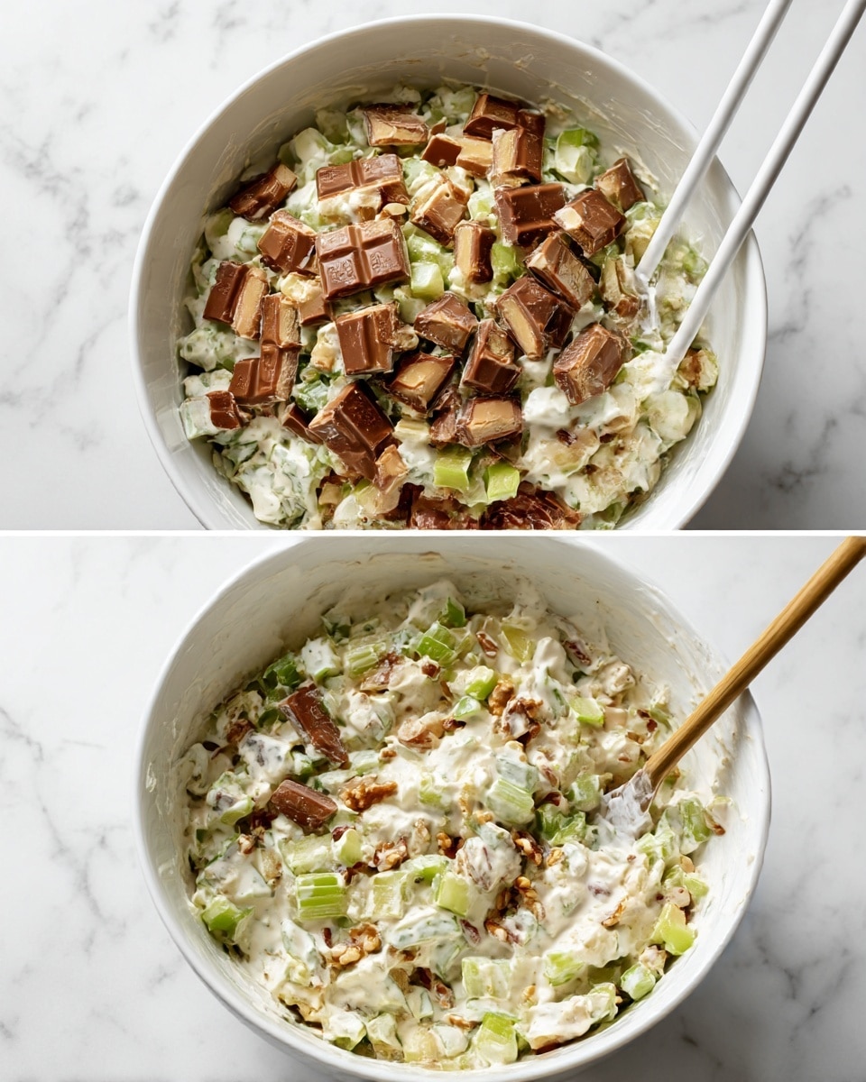 The first image shows a white bowl filled with a salad that has white creamy dressing mixed with green celery pieces and small beige bits, topped with lots of chopped chocolate candy bars that have layers of milk chocolate, caramel, and nougat. A pair of white chopsticks is resting on the side of the bowl. The second image shows the same white bowl with the ingredients fully mixed together, creating a creamy mixture with small visible pieces of chocolate candy, celery, and nuts in a mostly white creamy texture. The background and surface beneath the bowl have a white marbled texture. Photo taken with an iphone --ar 4:5 --v 7