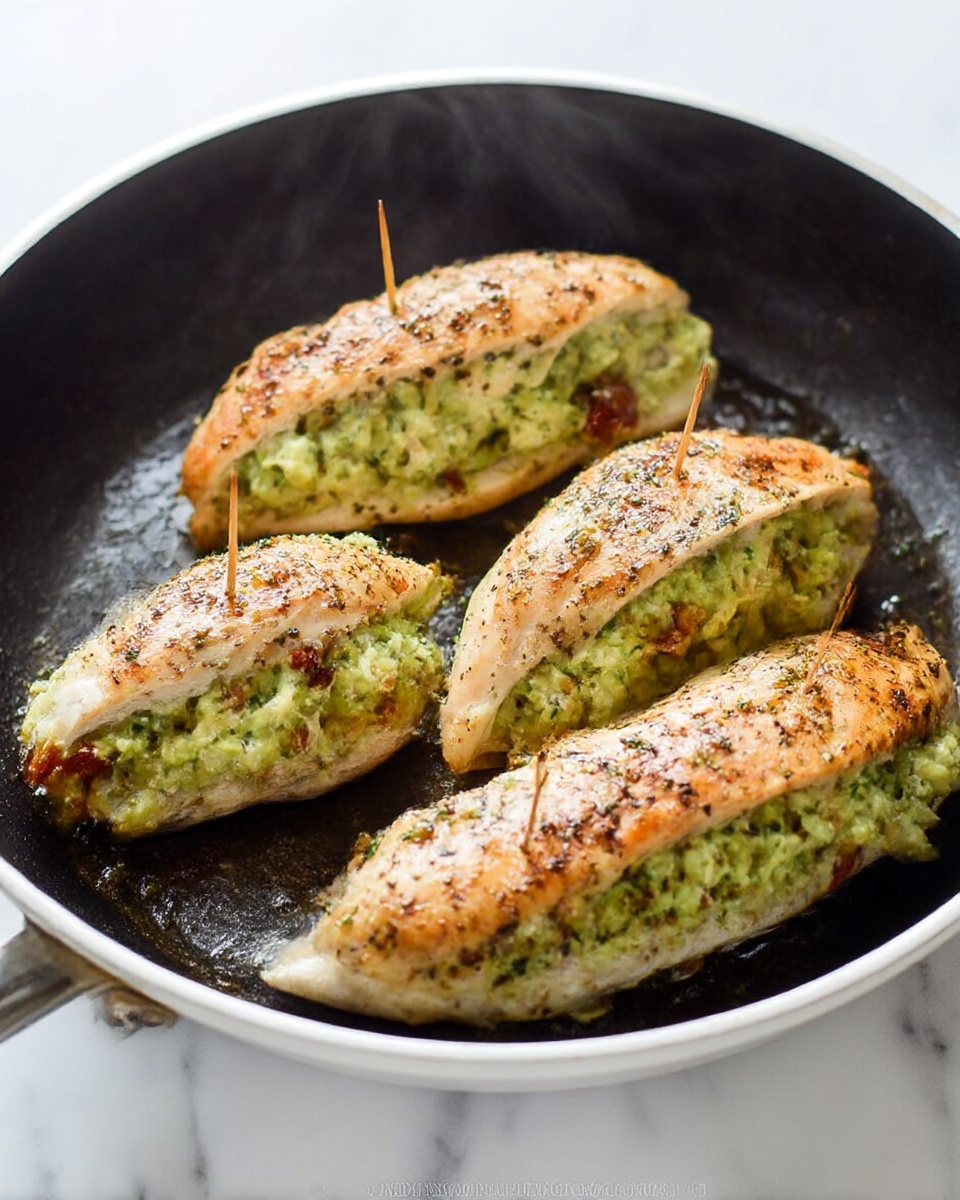 The image shows four thick pieces of seasoned chicken, each stuffed with a green mixture that looks like mashed avocado with bits of red sun-dried tomatoes and herbs. Each piece is held closed with toothpicks. The chicken is light golden brown with black pepper and herb specks on the surface. The stuffed chicken pieces are cooking in a black pan that has a white outer edge, placed on a white marbled surface. Steam is gently rising from the pan, giving a fresh cooked look. Photo taken with an iphone --ar 4:5 --v 7