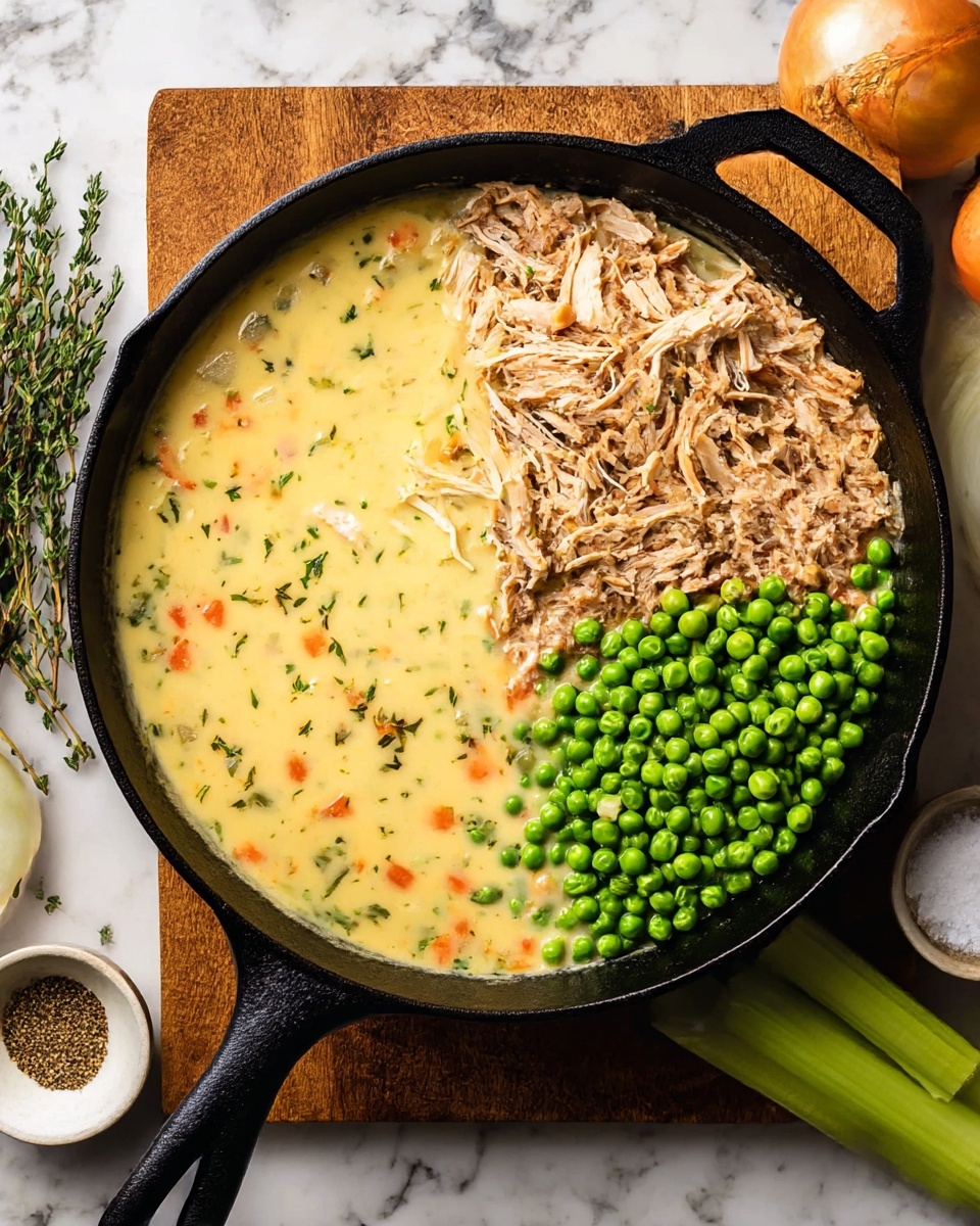 A black cast iron skillet filled with a thick, creamy light yellow mixture with small pieces of orange, green, and white vegetables, and tiny green herb flakes scattered on top; next to it, the same skillet now shows the creamy base topped with a large pile of shredded light brown shredded meat on one side and a pile of bright green peas on the other. The skillet is placed on a brown wooden board with a white marbled surface underneath, surrounded by fresh thyme, an onion, two pieces of celery, a small bowl of pepper, and a small bowl of salt. Photo taken with an iphone --ar 4:5 --v 7