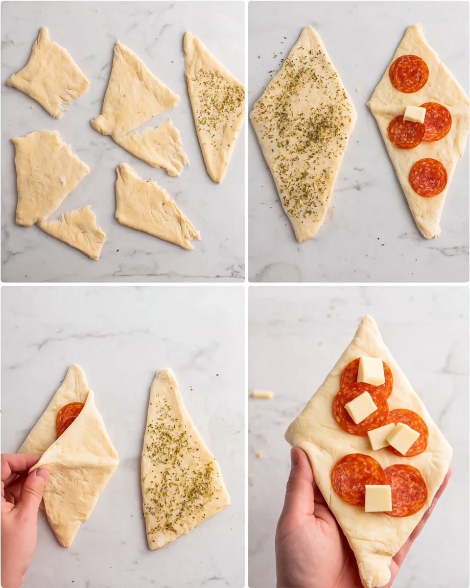 Pizza Crescent Rolls with Pepperoni and Mozzarella Recipe 4 The image shows a step-by-step process of making folded dough triangles on a white marbled surface. In the first frame, there are six plain dough triangles laid flat. In the second frame, the triangles are sprinkled evenly with a green herb seasoning. In the third frame, several slices of red pepperoni are placed on top of the triangles, mainly near the wider base. The fourth frame adds small square pieces of light yellow cheese on top of the pepperoni slices. The fifth frame shows a woman's hand folding one dough triangle from the wide end toward the tip, wrapping the pepperoni and cheese inside. The last frame shows a close-up of the folded dough held by the woman's hand, sealed and ready to be cooked, with sprinkled herbs on top. Photo taken with an iphone --ar 4:5 --v 7