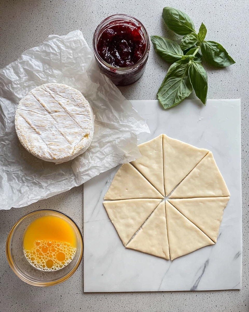 The image shows baking ingredients arranged on a white marbled surface, with a square puff pastry sheet on the right side, marked with a circle and cut into eight triangular sections inside the circle; next to it on the left is a round wheel of white rind cheese set on crumpled white paper, scored in a grid pattern; above the cheese, there is an open glass jar filled with dark red jam and a small clear bowl containing beaten yellow eggs with some bubbles; fresh green basil leaves rest at the top near the bowl and jar. Photo taken with an iphone --ar 4:5 --v 7